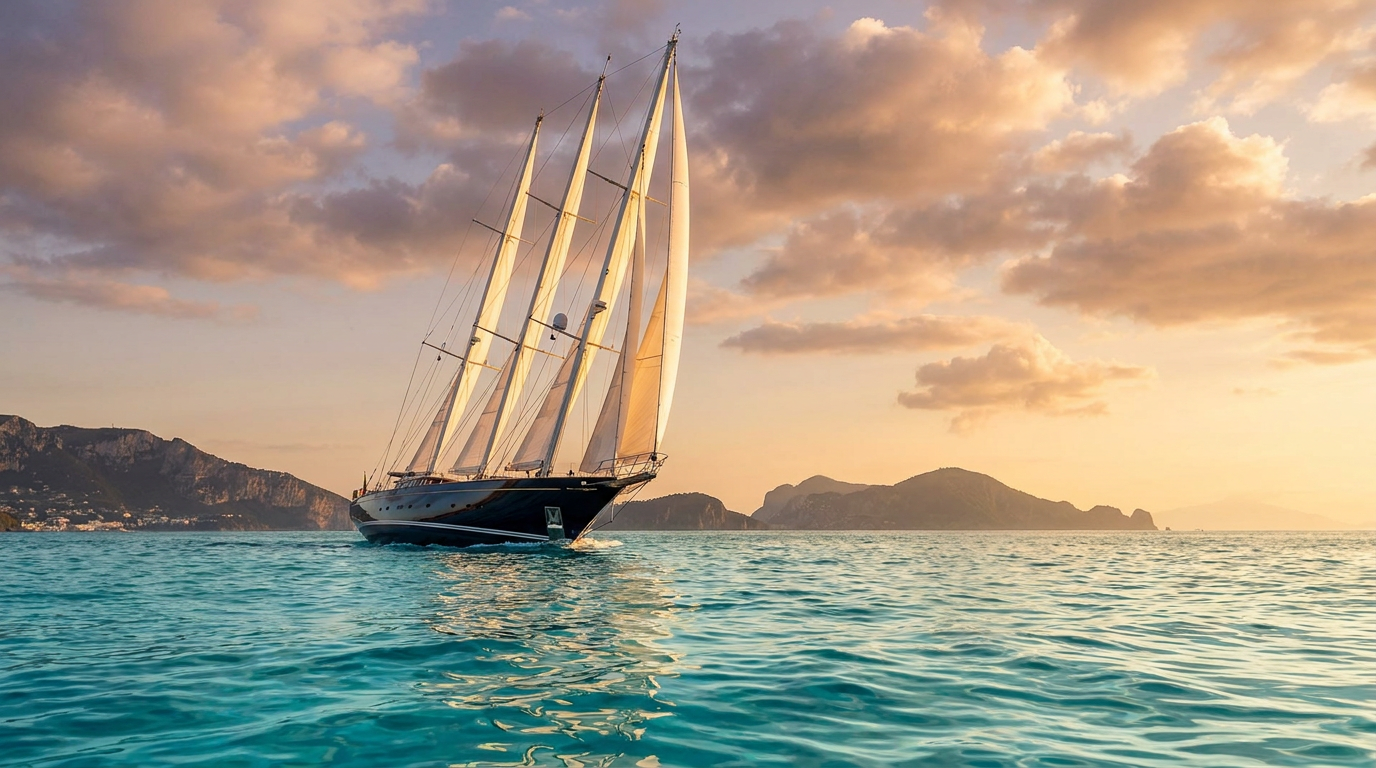 Yacht a vela in navigazione nel Tirreno al tramonto