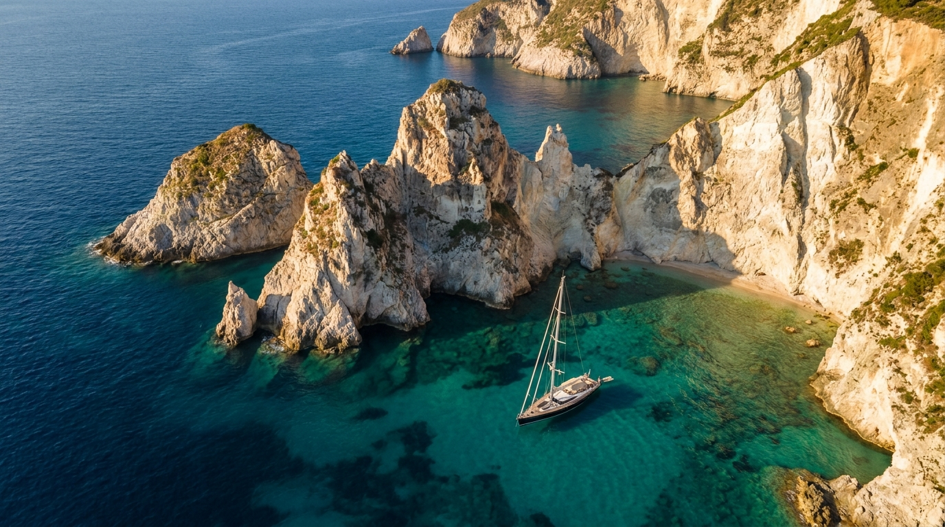 Costa pontina con yacht ancorato nel Tirreno