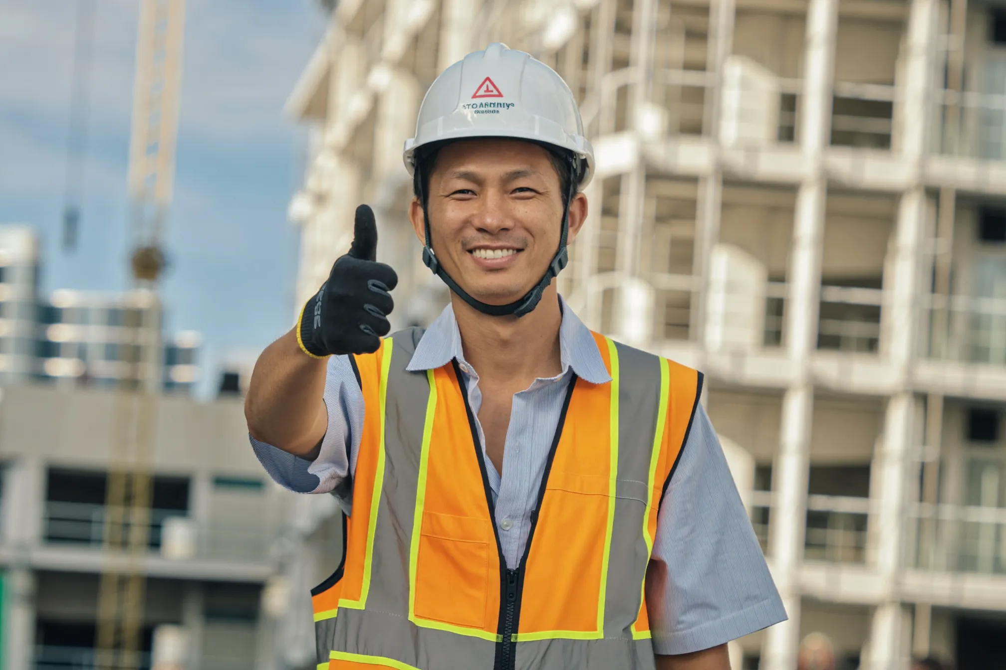 A worker in safety gear giving a thumbs-up at a Singapore construction site