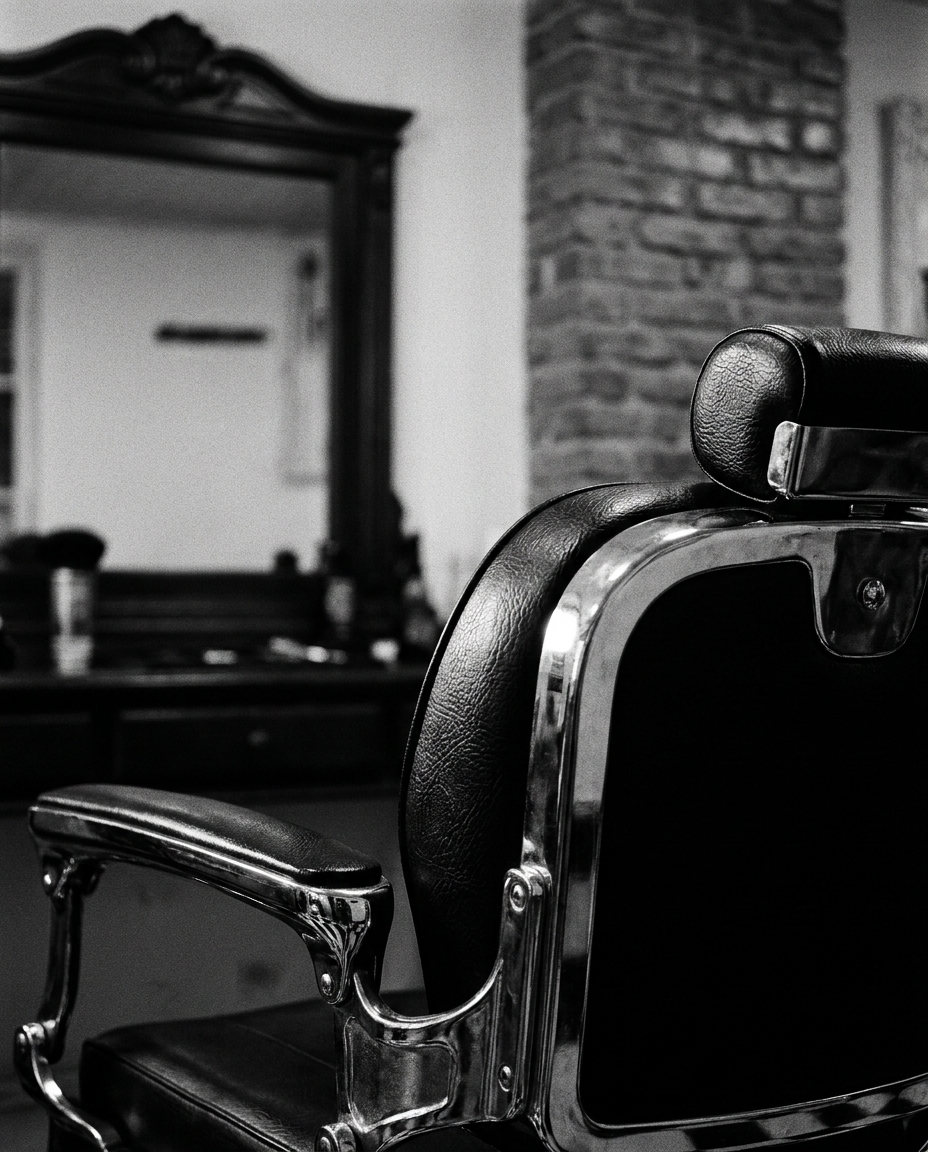 Detalhe da cadeira clássica de barbeiro da Men Barbearia
