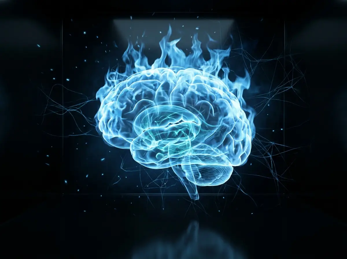 A brain made of sky-blue fire and circuitry