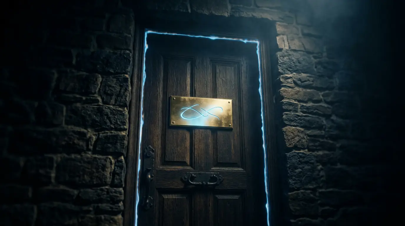 A dark front door with a brass nameplate glowing sky blue