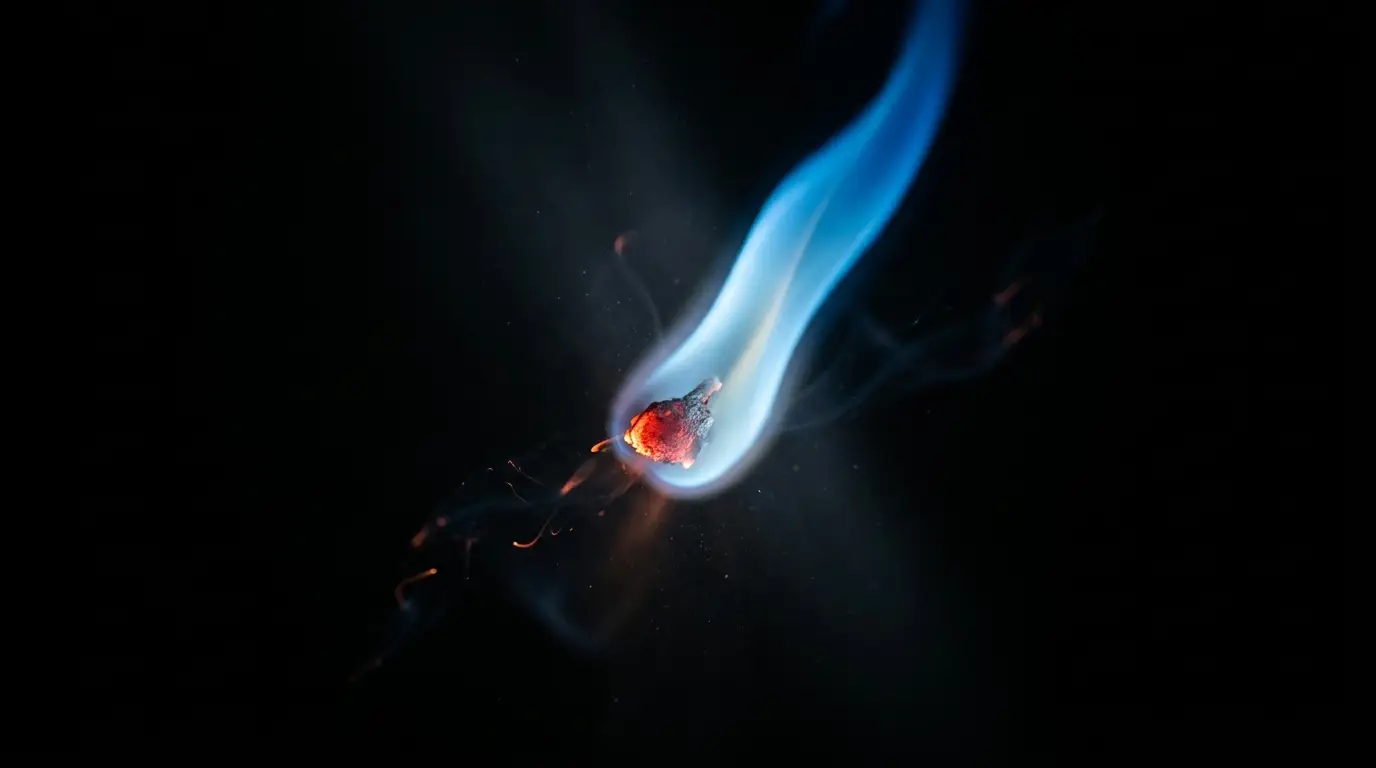 A single spark catching into a sky-blue flame in the dark