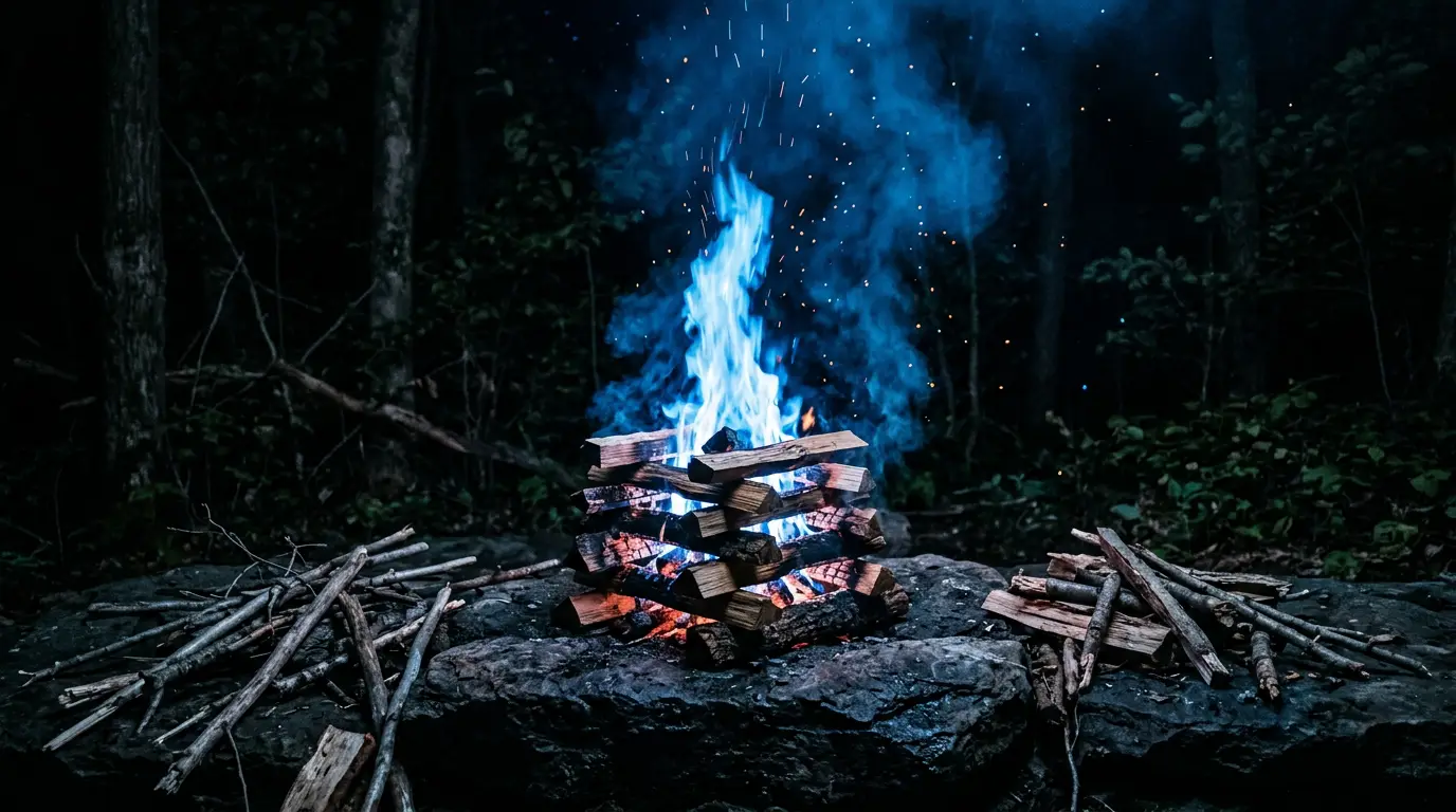 A precisely stacked fire burning blue beside scattered unlit sticks