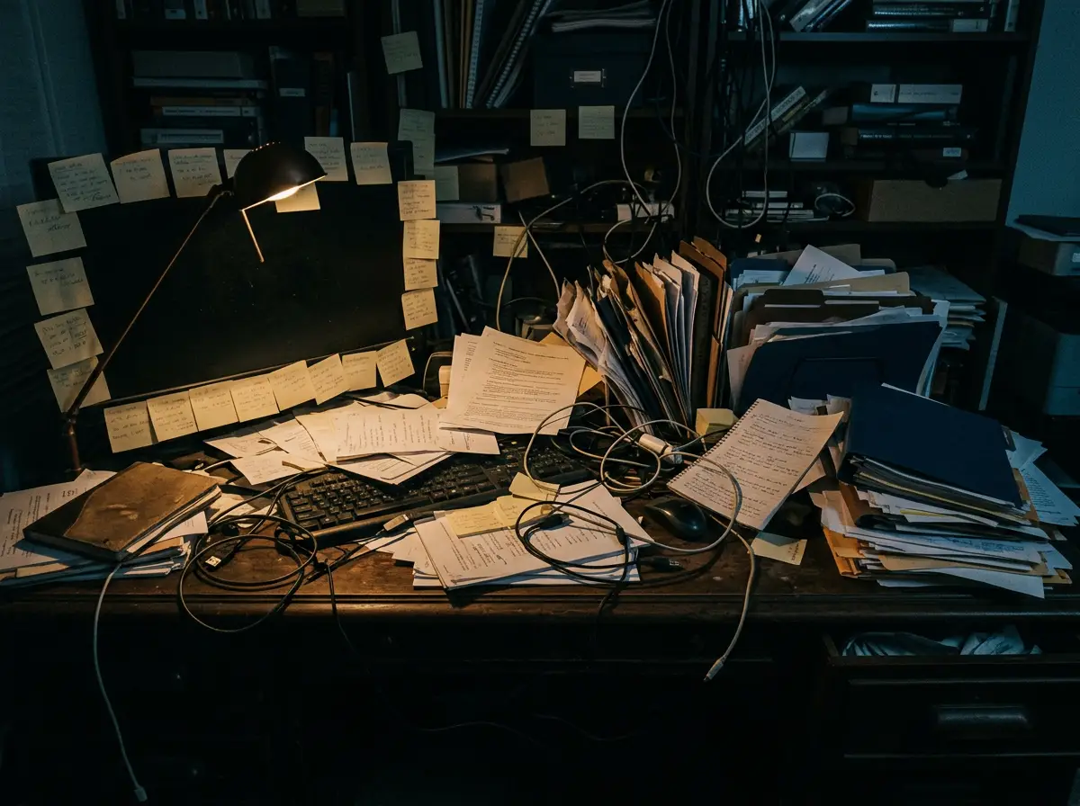 A chaotic desk buried in scattered papers and tangled cables in near darkness