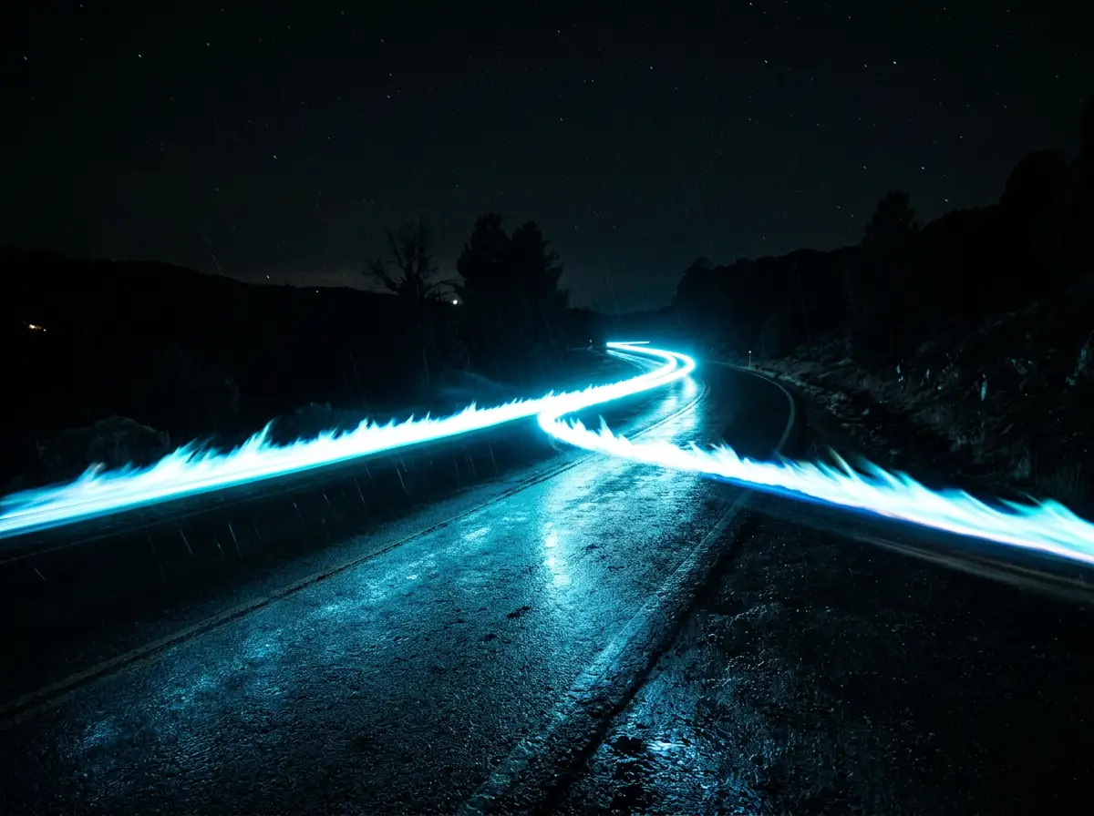 A streak of sky-blue fire racing down a dark road at night