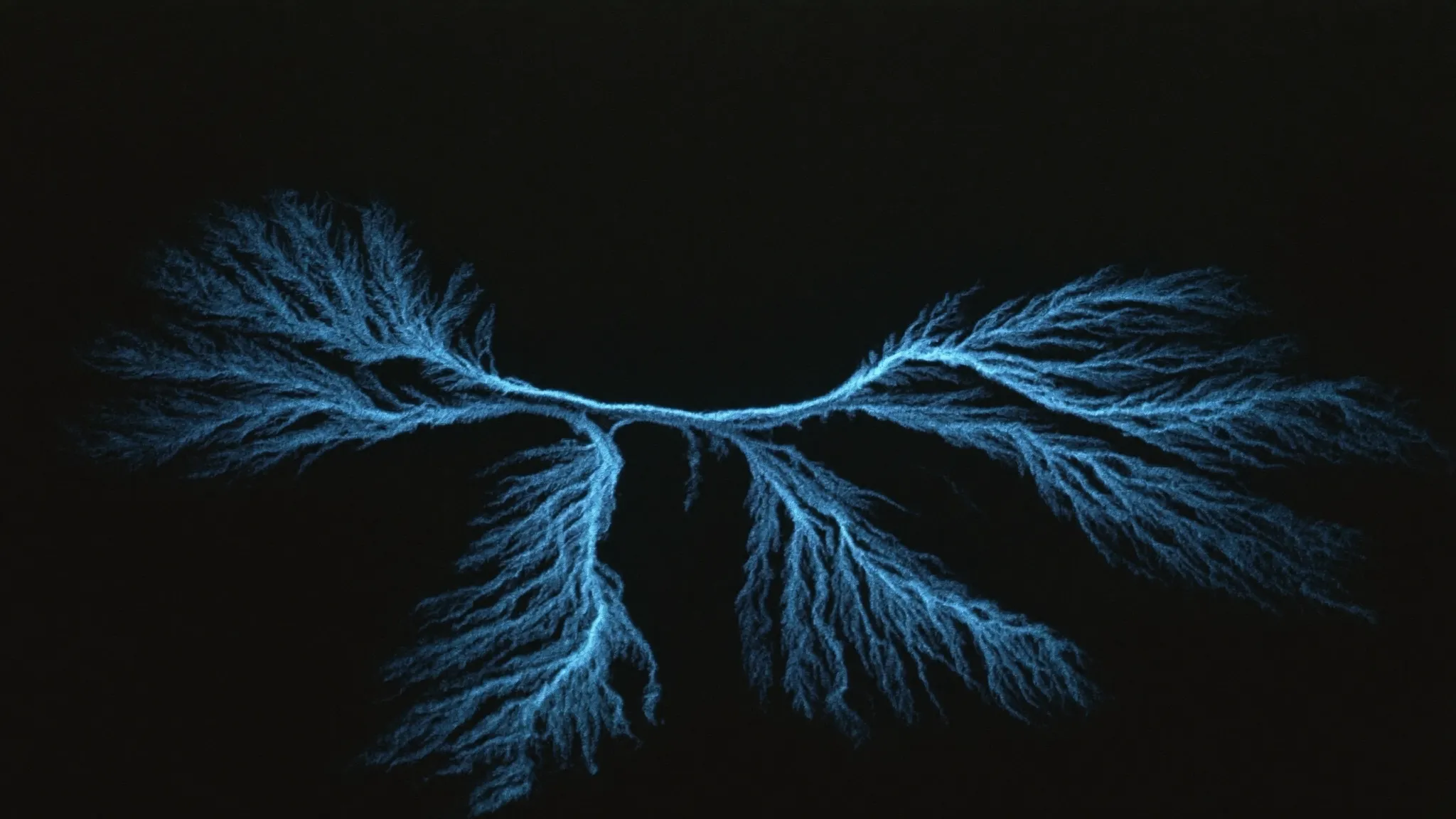 Sky-blue fire branching and spreading across a pitch-black landscape, seen from above