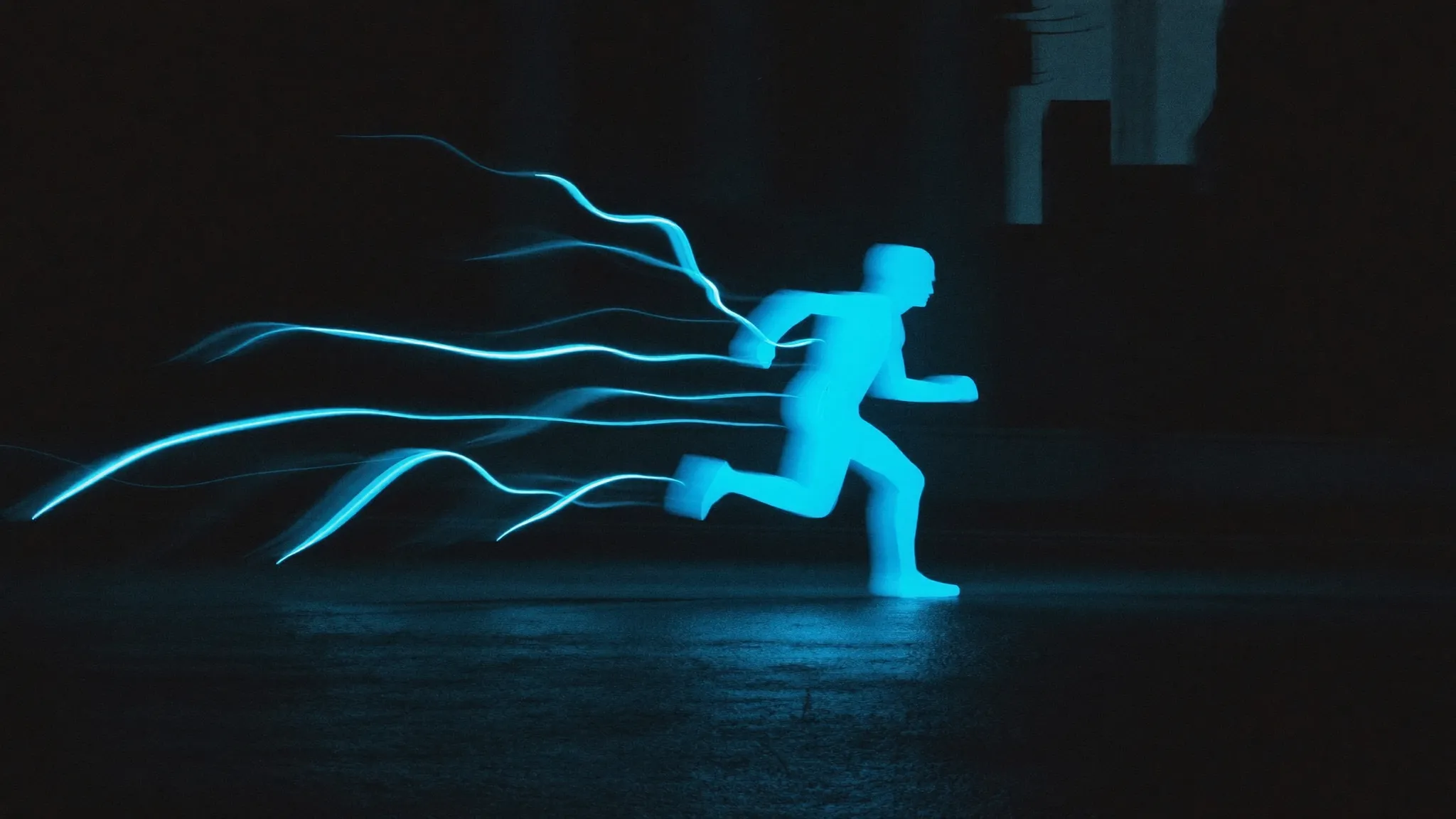 A glowing sky-blue figure sprinting through a dark street, light trails streaming behind