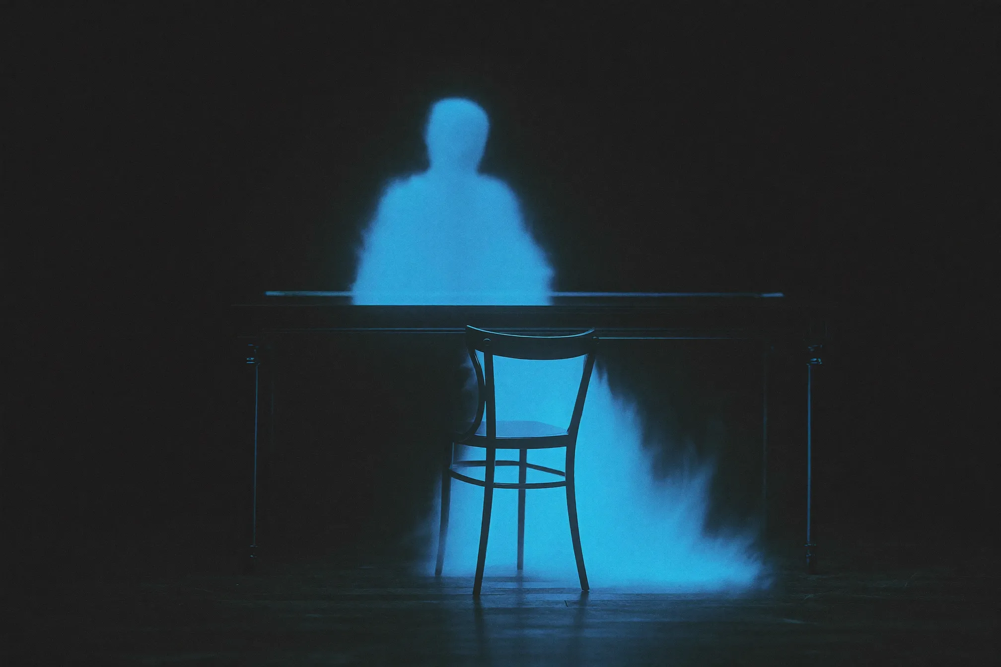 A glowing sky-blue figure seated at a dark desk, waiting, with an empty chair on the other side