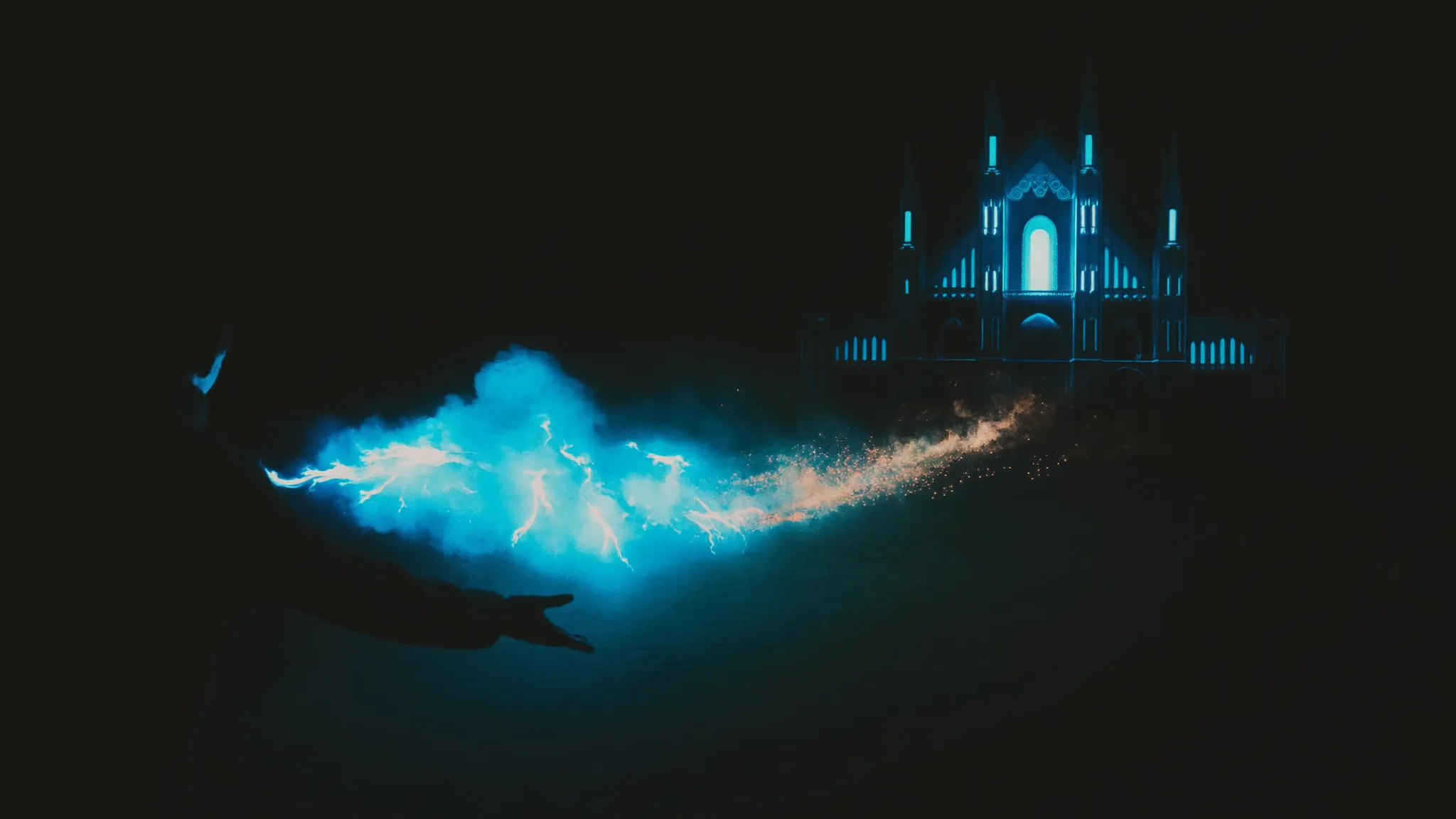 An outstretched hand pouring a river of sky-blue fire into the dark, where it builds itself into a glowing cathedral