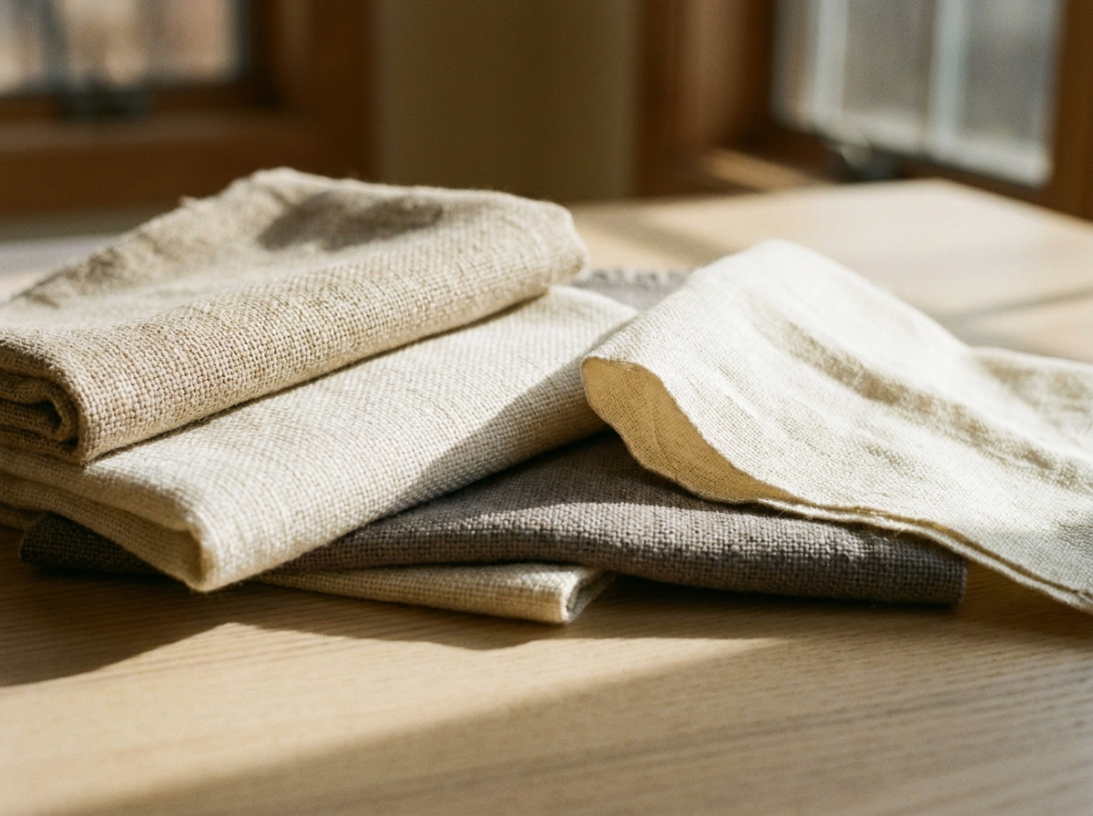 Fine fabric swatches in sand, ivory, and slate arranged in natural window light