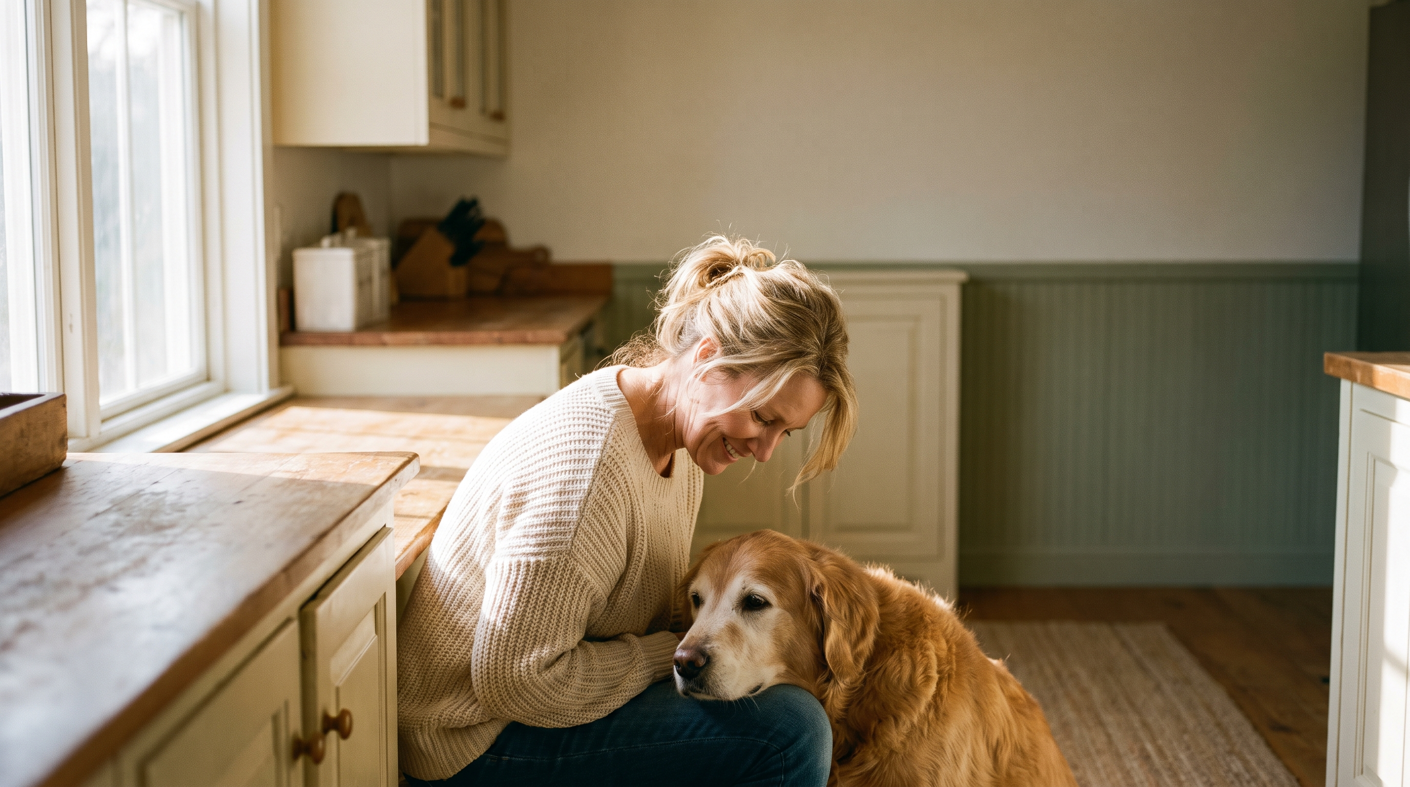 Woman with her senior golden retriever