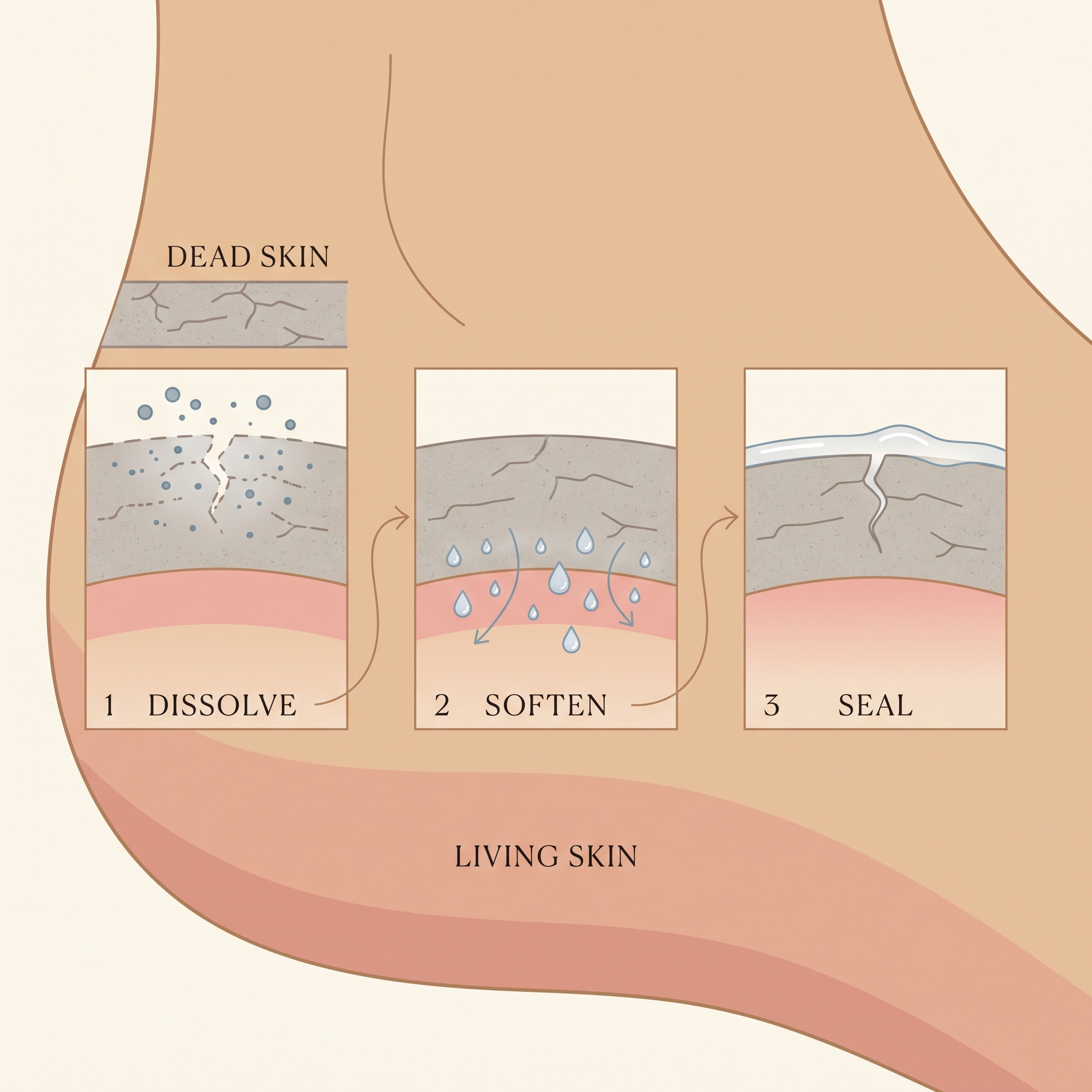 Cross-section of heel skin: Vequel dissolves, softens and seals