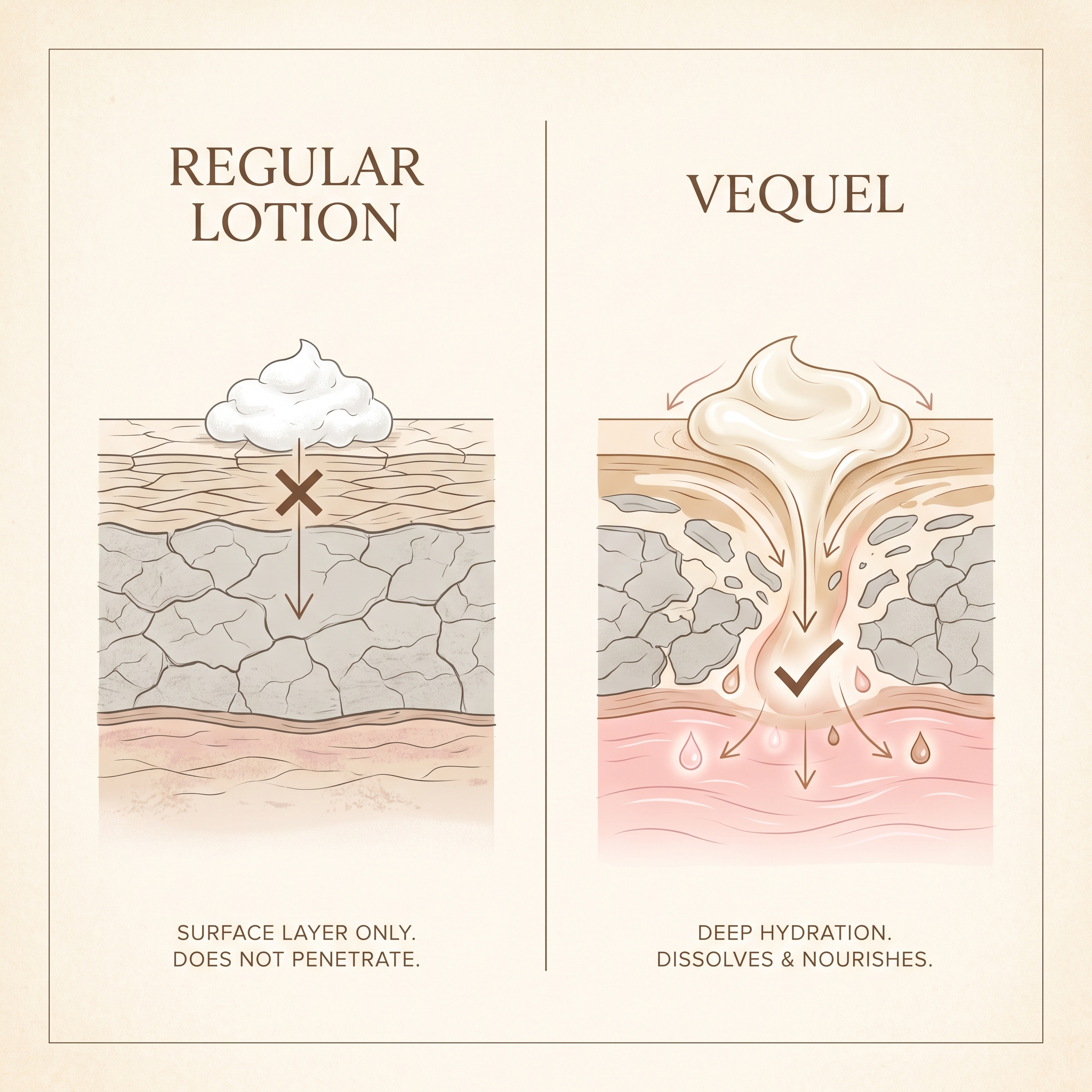 Regular lotion sits on top of dead skin while Vequel dissolves through it