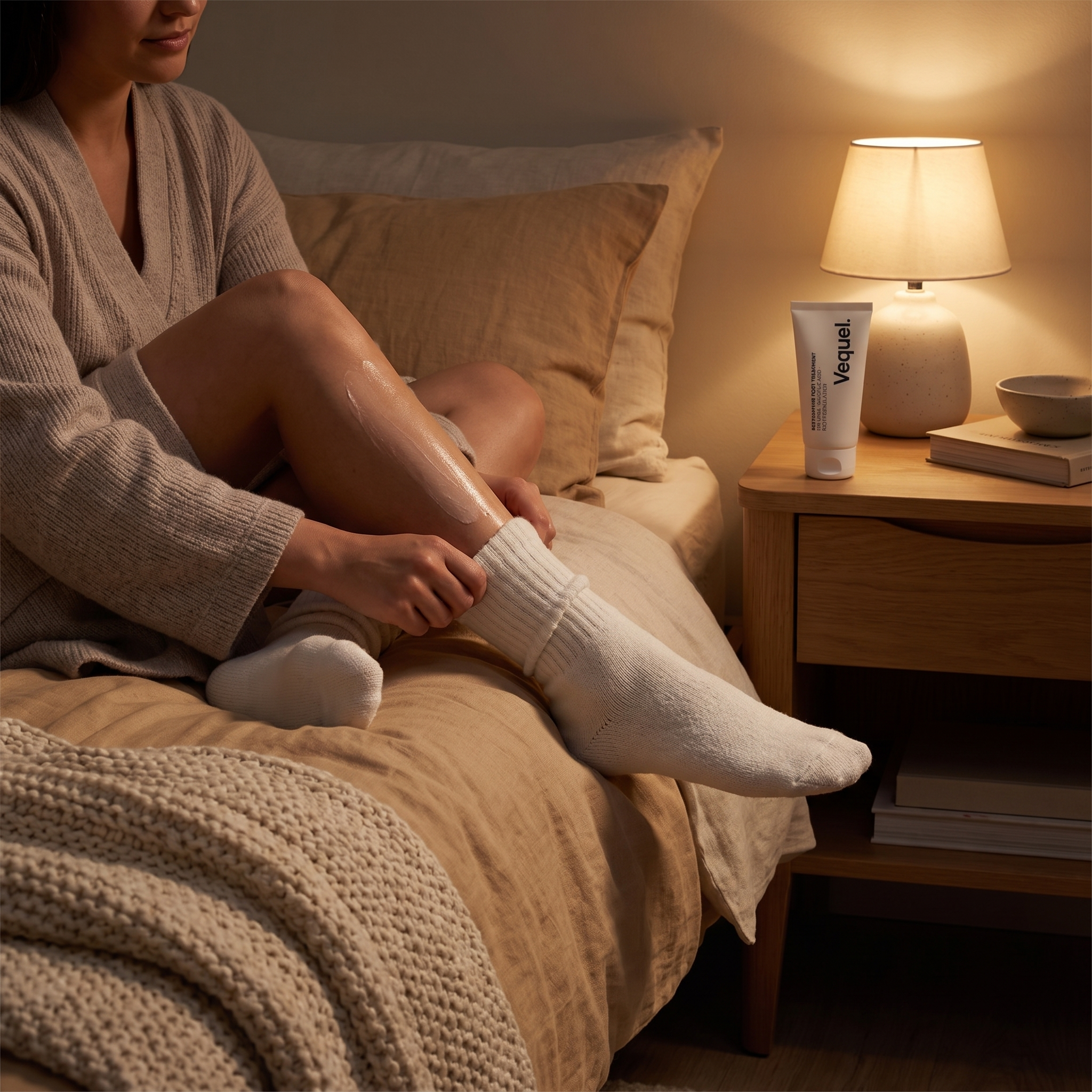 Pull cotton socks over creamed feet