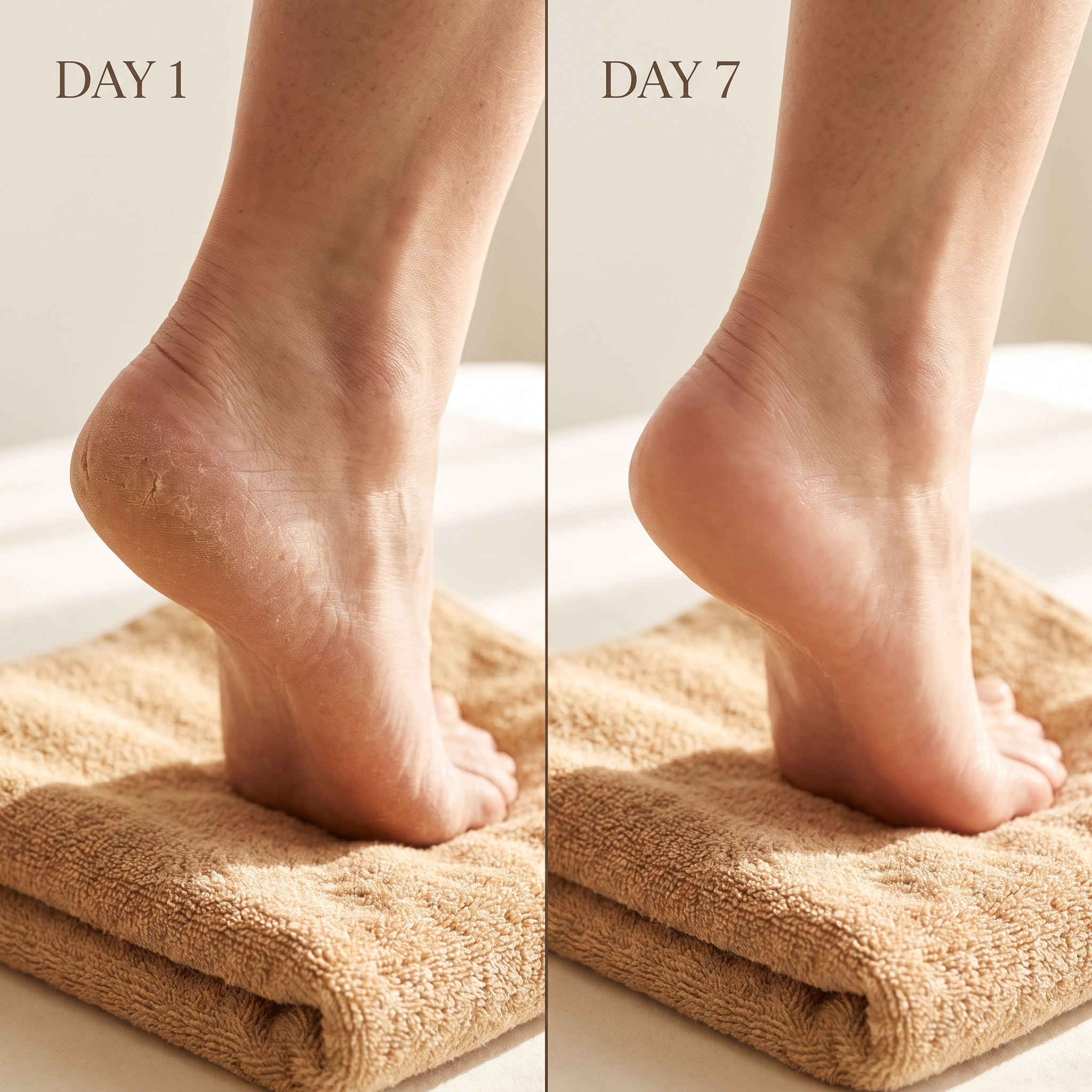 Cracked heel on Day 1 versus smooth heel on Day 7 after Vequel