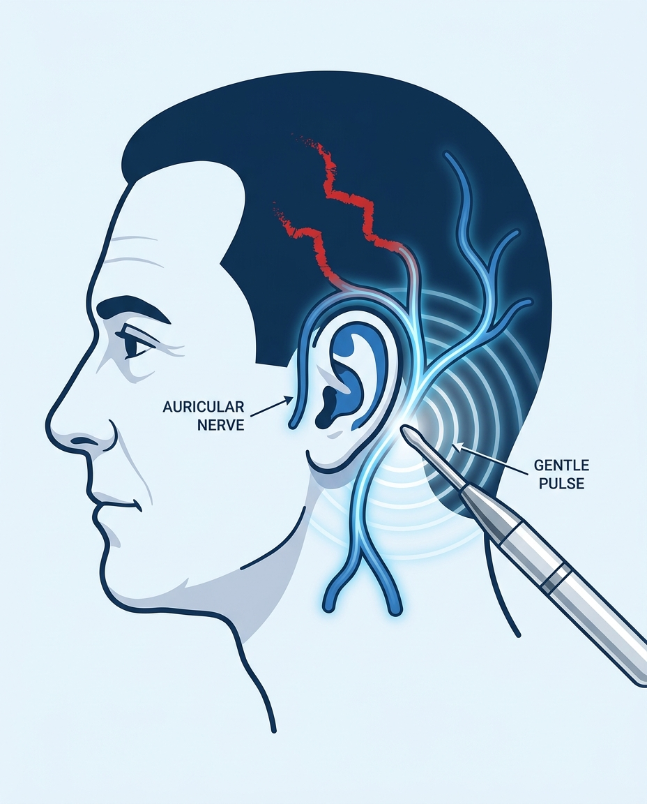 Gentle pulse stimulation reaching the auricular nerve behind the ear
