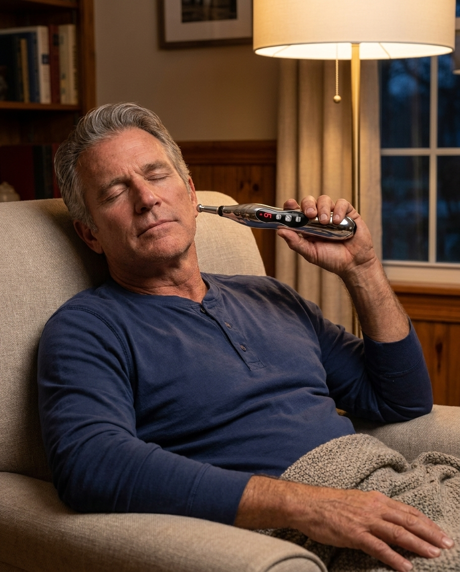 Man using the SP Relieve Pen at home in his armchair