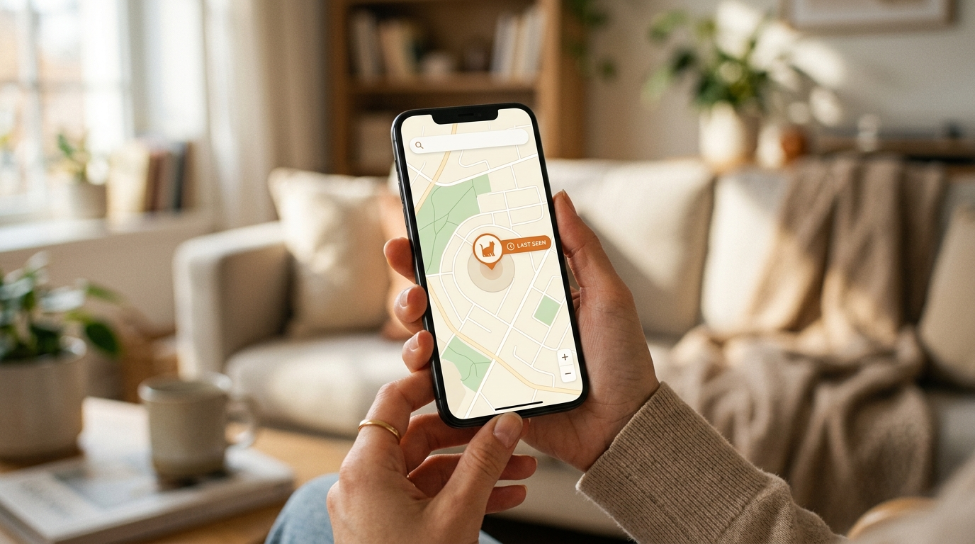 Telefoon met een kaart en de laatst beschikbare locatie van de kat