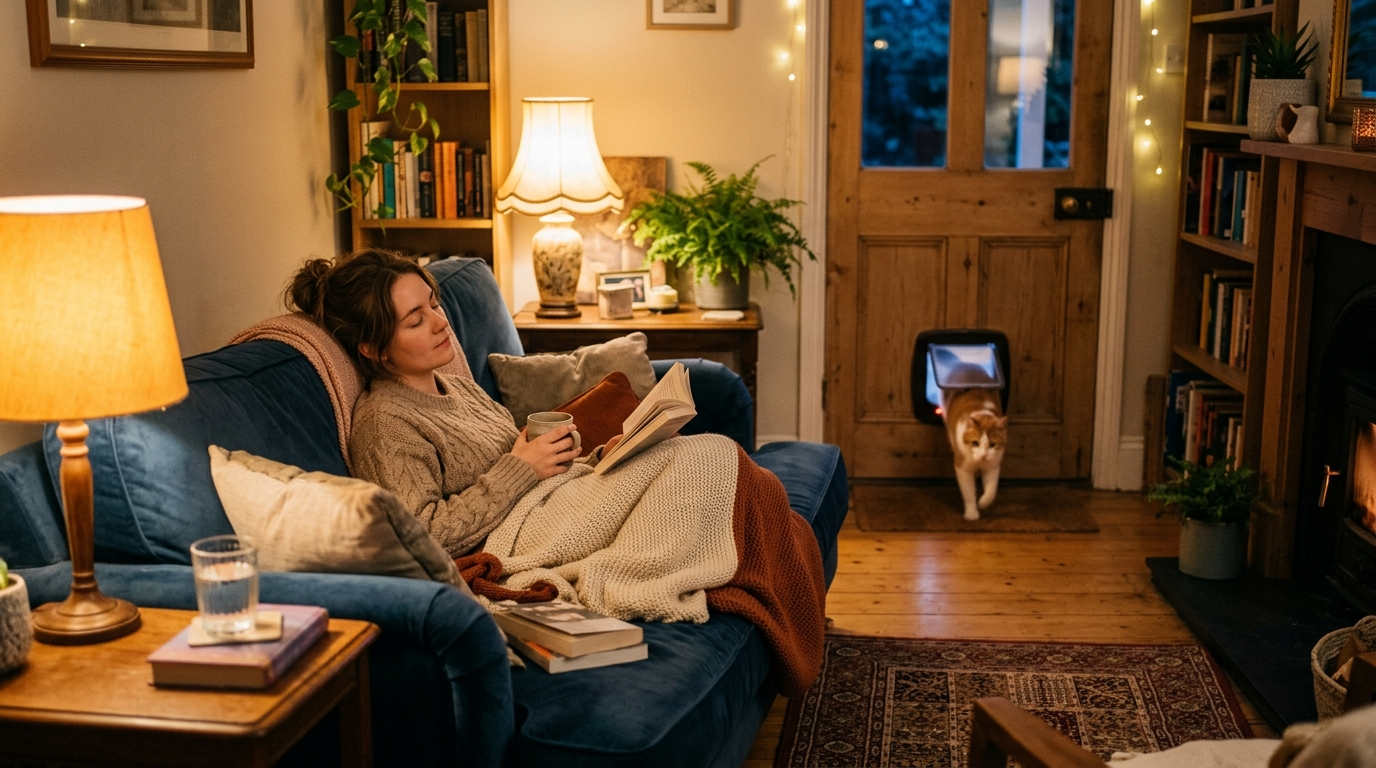 Ontspannen katteneigenaar wanneer de kat weer binnenkomt