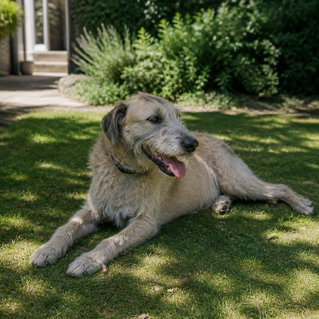 Dog resting in dappled shade on a mild warm day