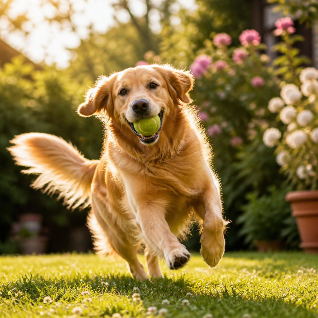 High-energy dog running and playing in the sun