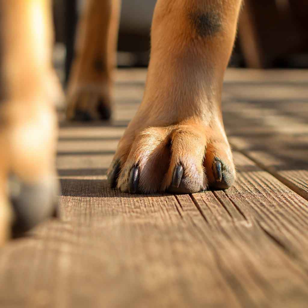 Close-up of dog paw on hot decking surface