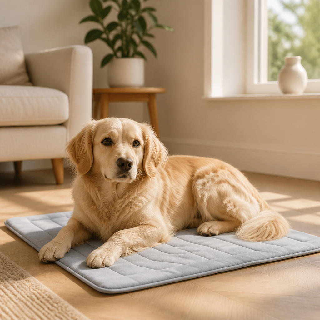 Dog resting comfortably on the grey quilted cooling pad