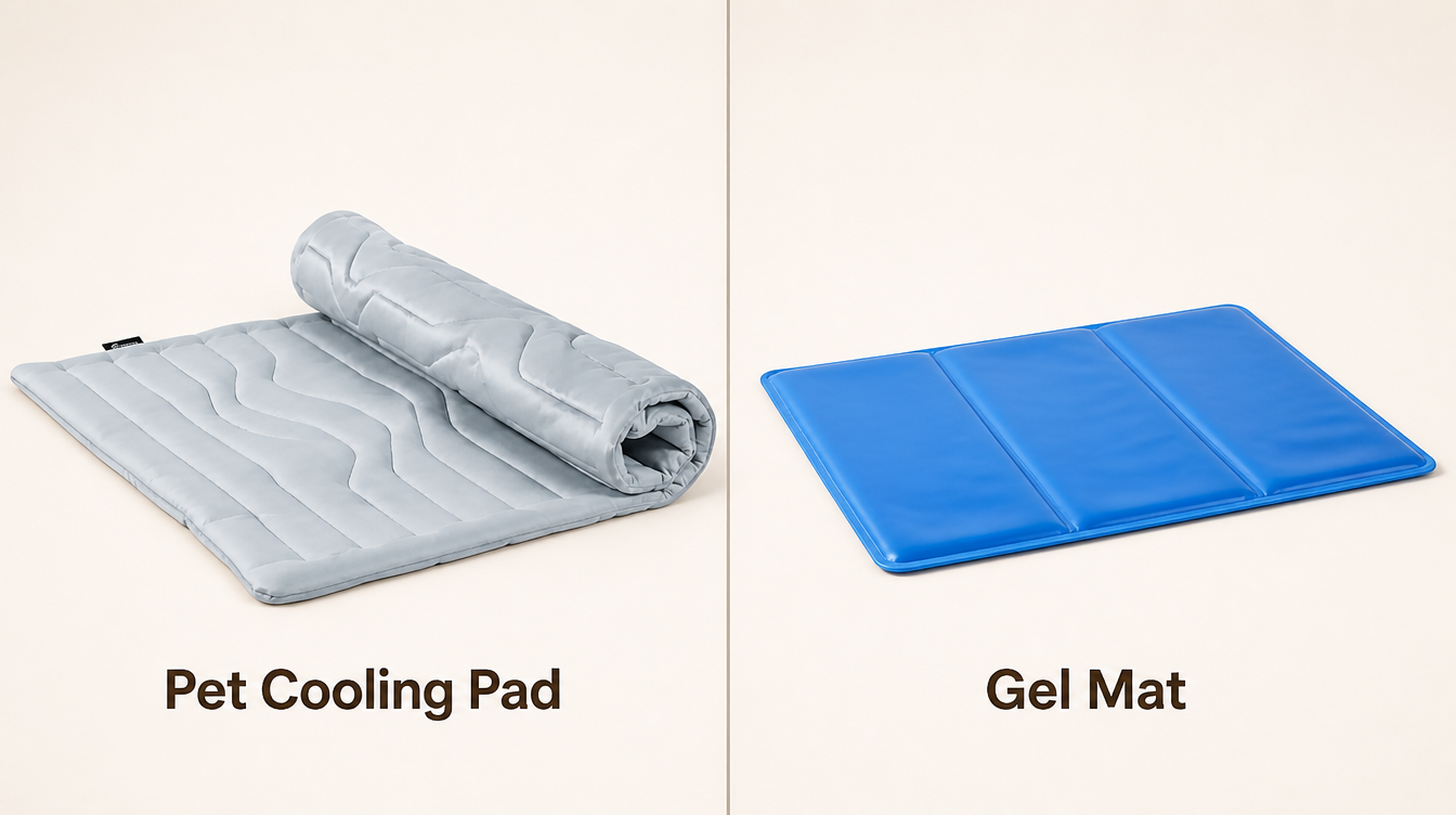 Side-by-side comparison: our Pet Cooling Pad on the left vs a Gel Mat on the right, labeled