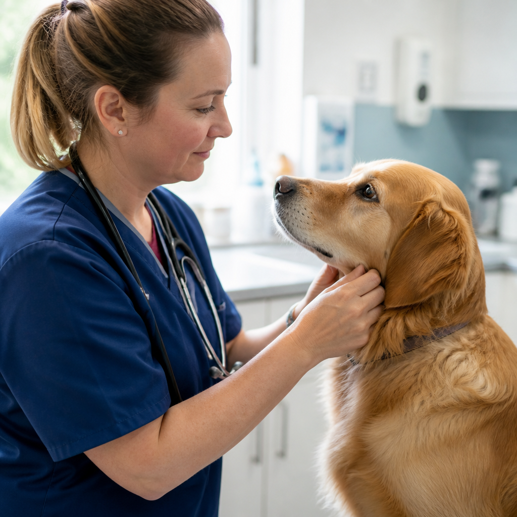 Veterinarian examining a dog at a UK clinic