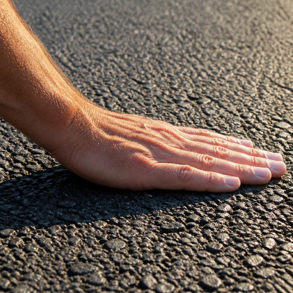 Hand testing pavement temperature in the sun
