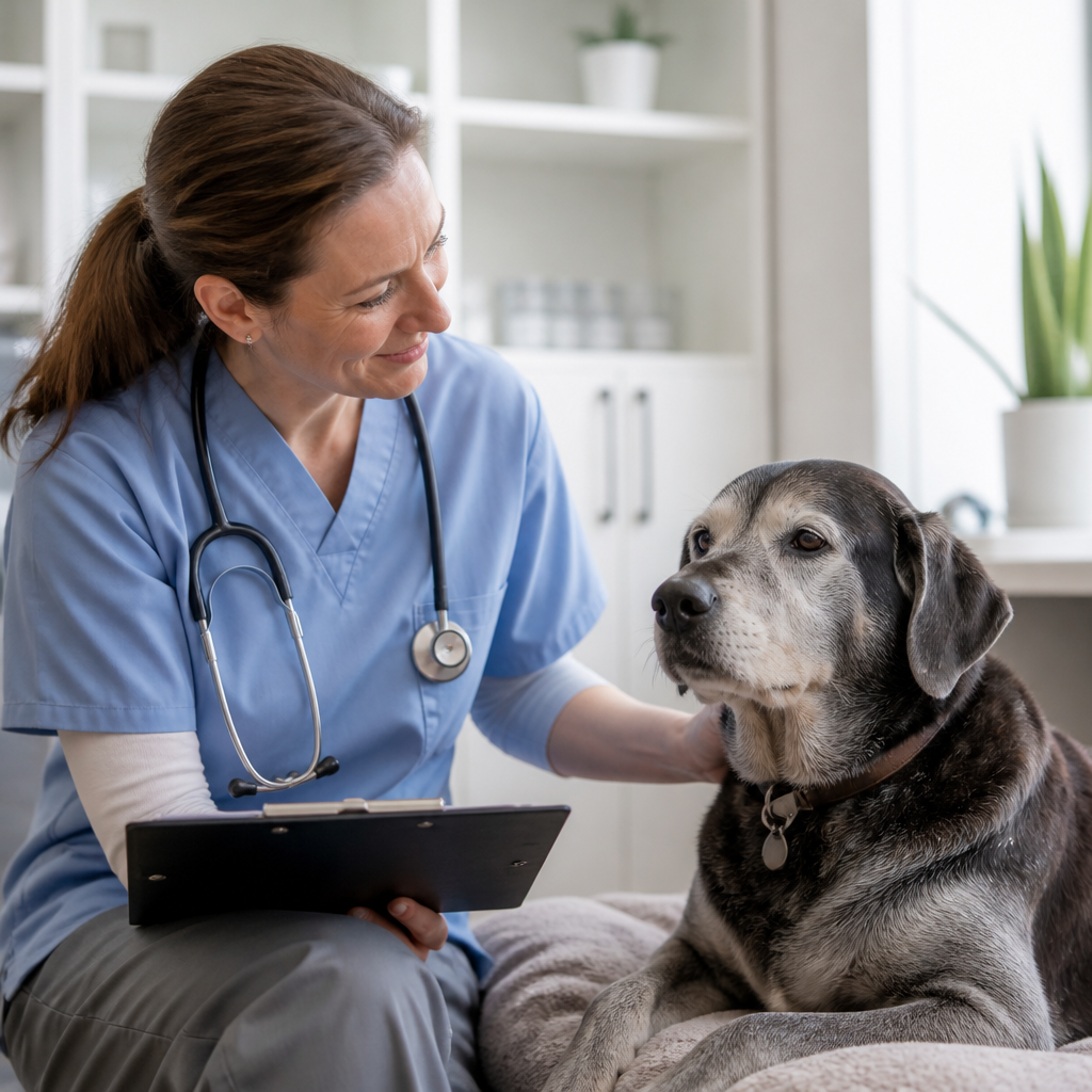 Vet checking a senior dog with a clipboard