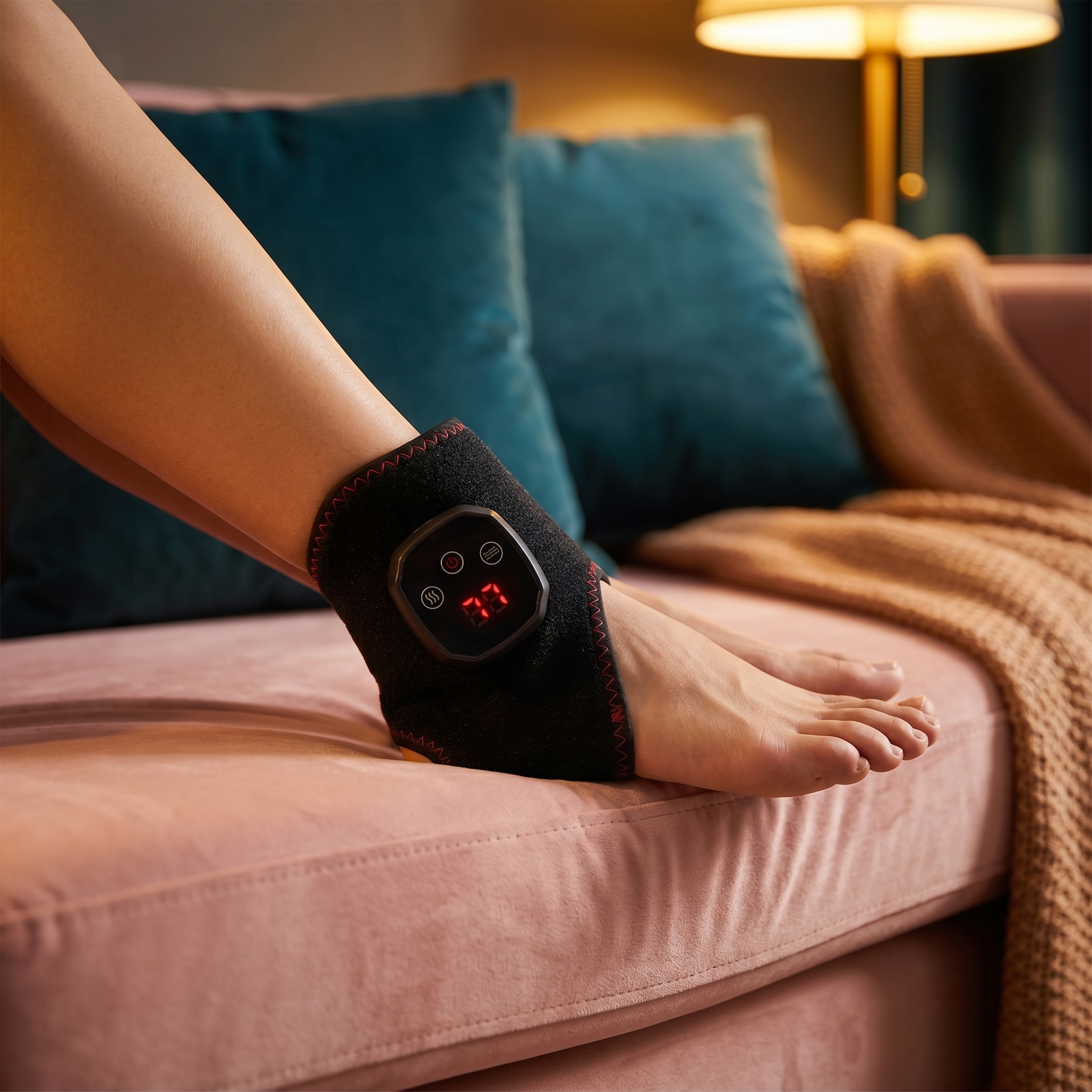 A close, warm view of the soft wrap snug around a relaxed ankle