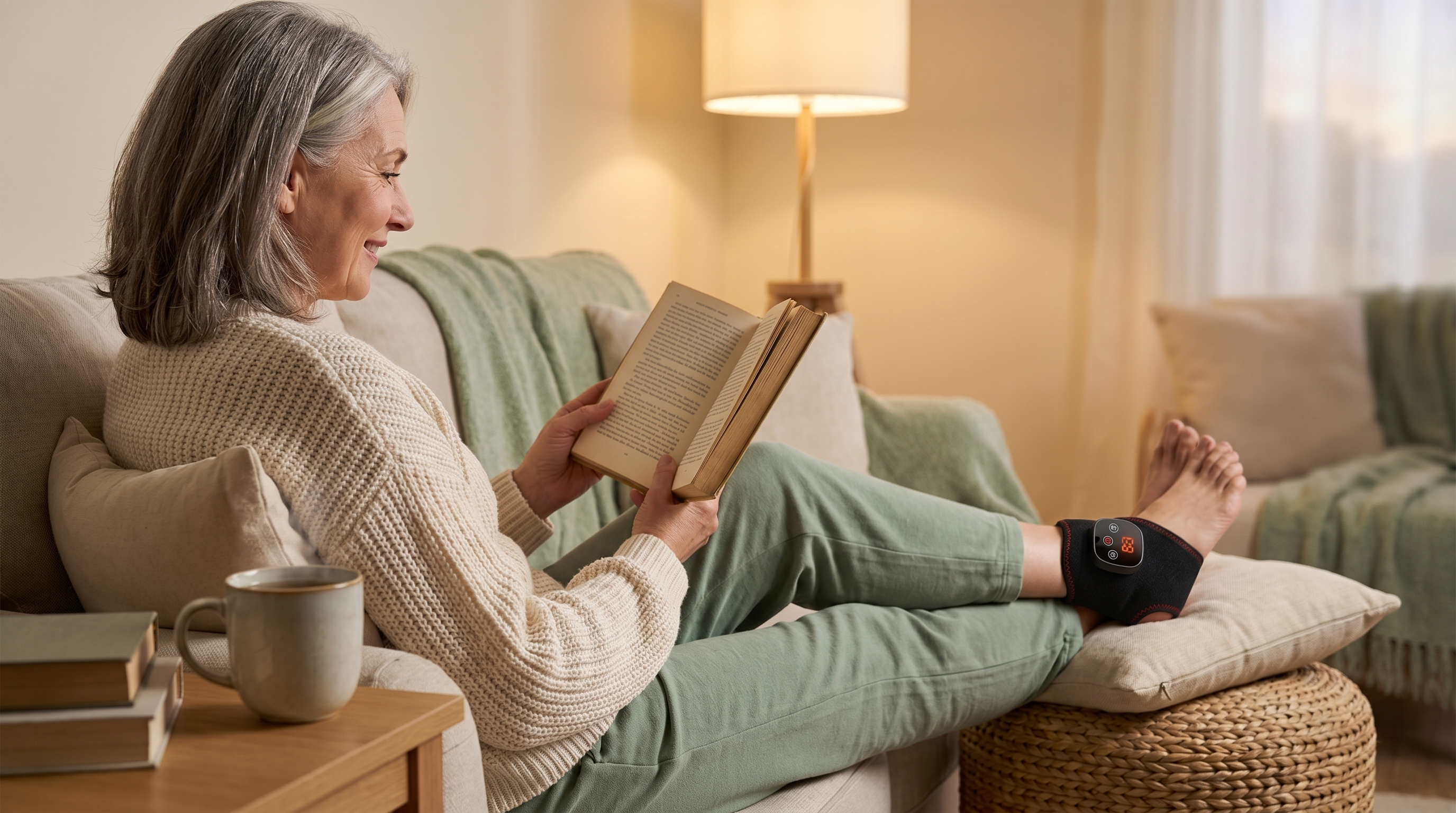 A relaxed person on the sofa with feet up and the wrap on, reading by lamplight