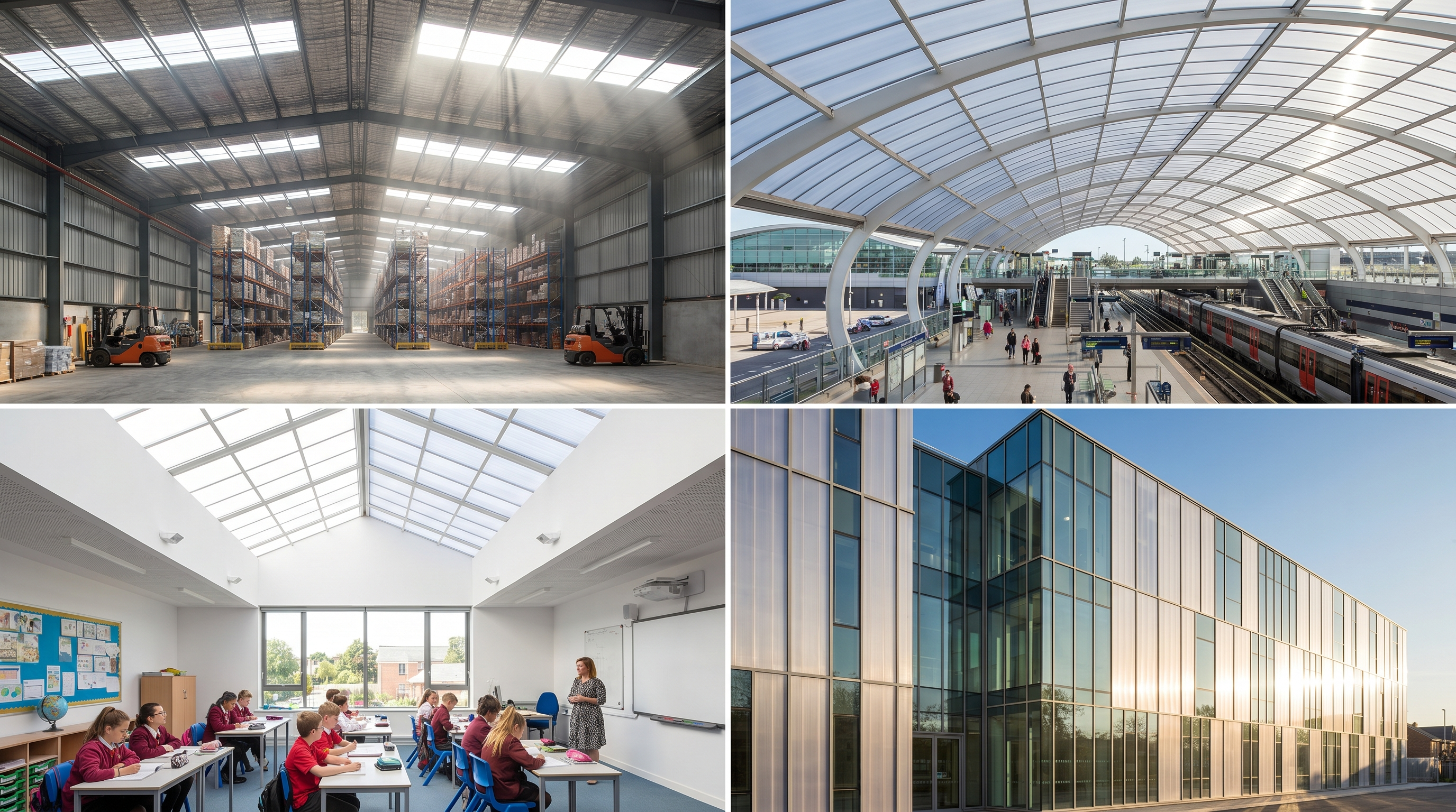 Polycarbonate daylighting applications — warehouse, metro, school, facade