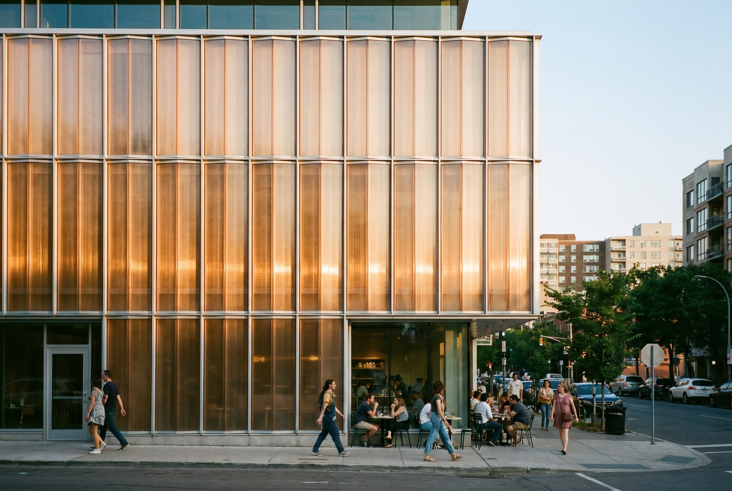 Polycarbonate facade cladding system on commercial building