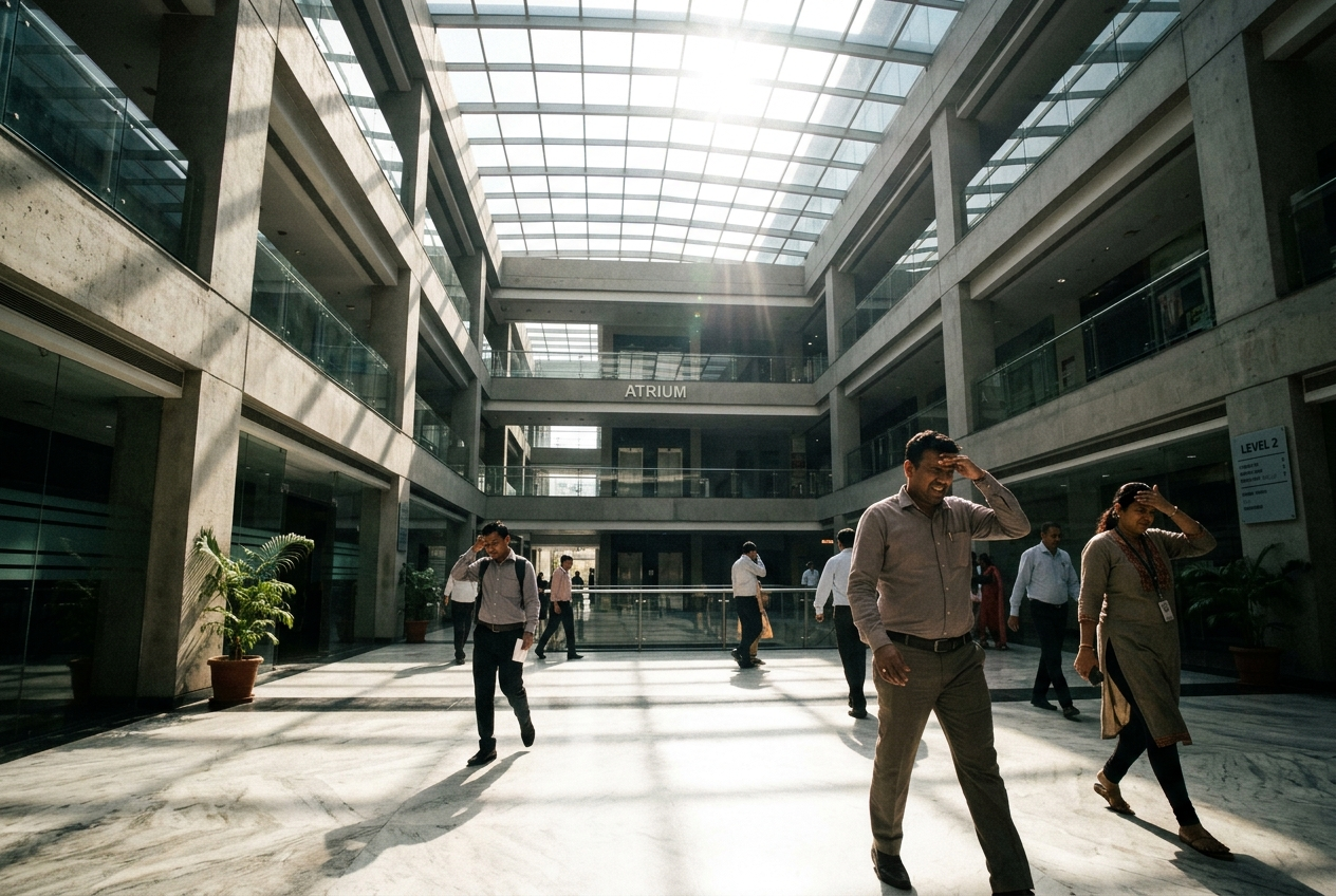 Commercial building interior with harsh direct sunlight, glare, and hotspots on the floor