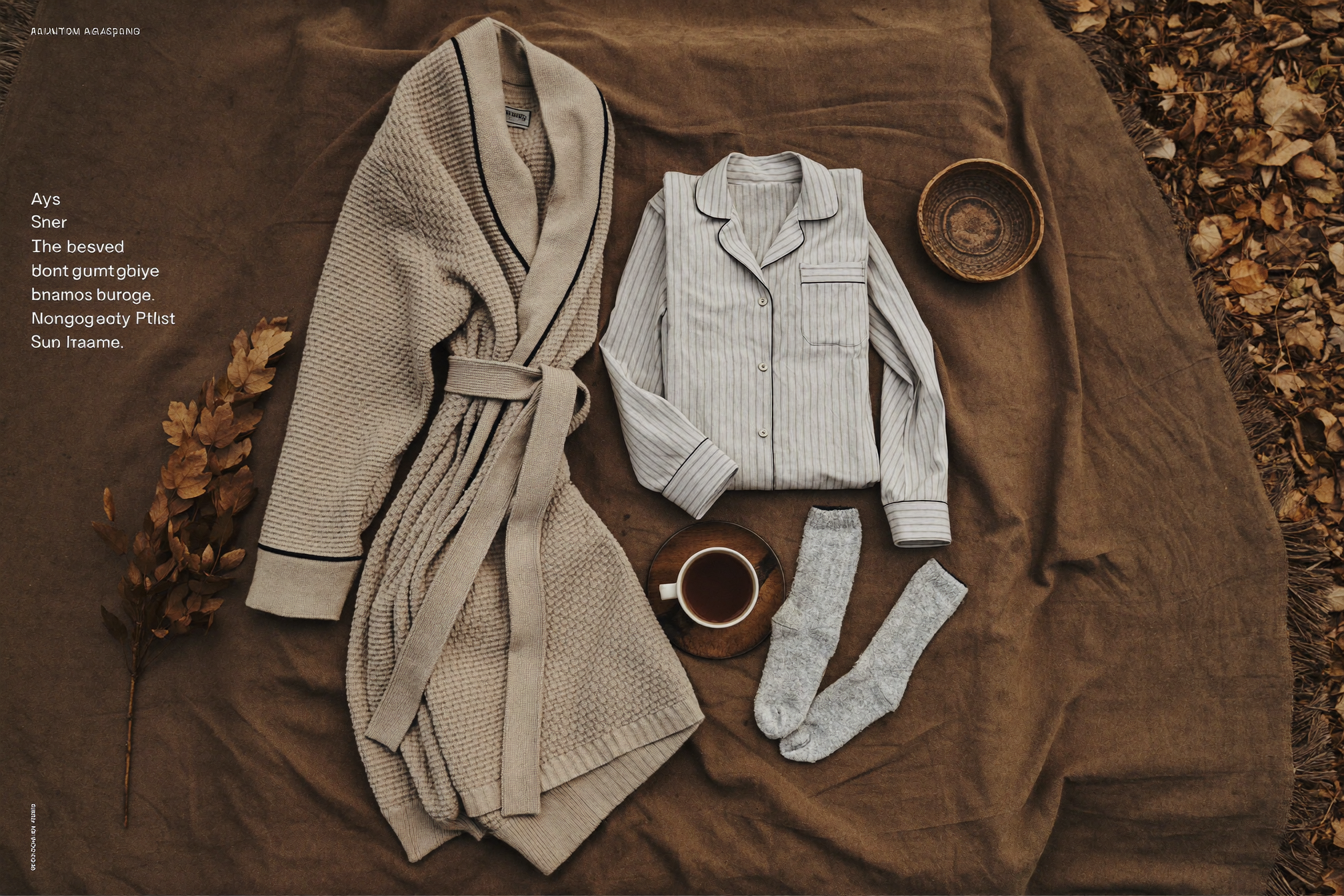 Pièces loungewear cocooning disposées sur un plaid cacao