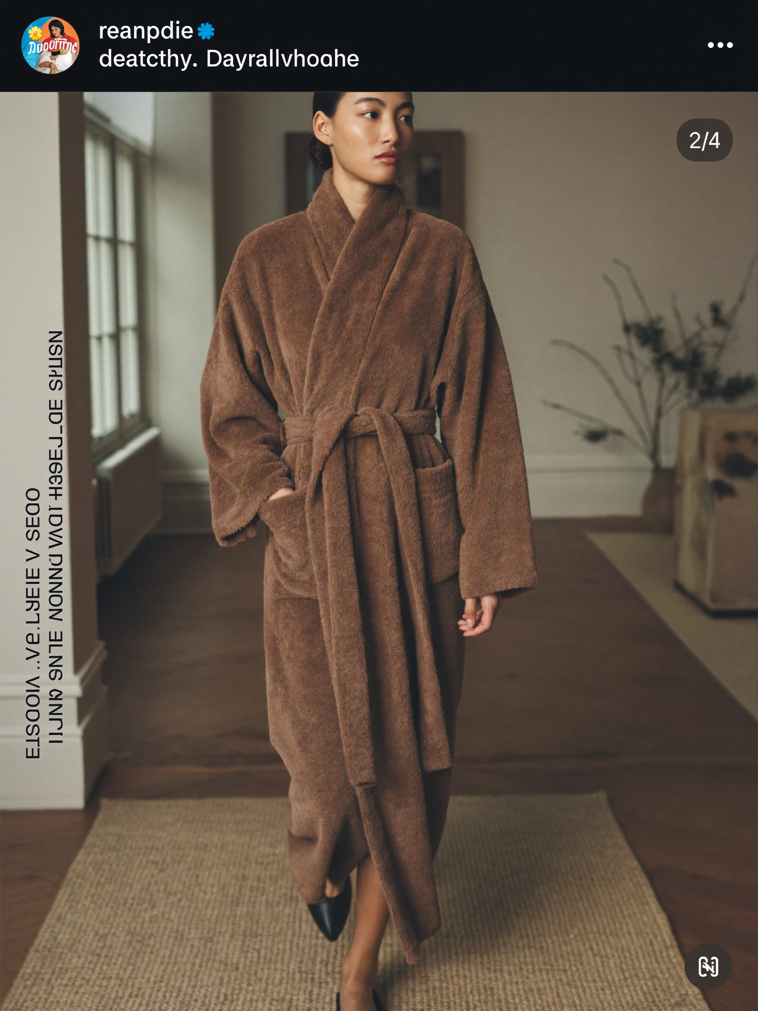 Femme enveloppée dans un peignoir en tricot traversant un intérieur chaleureux