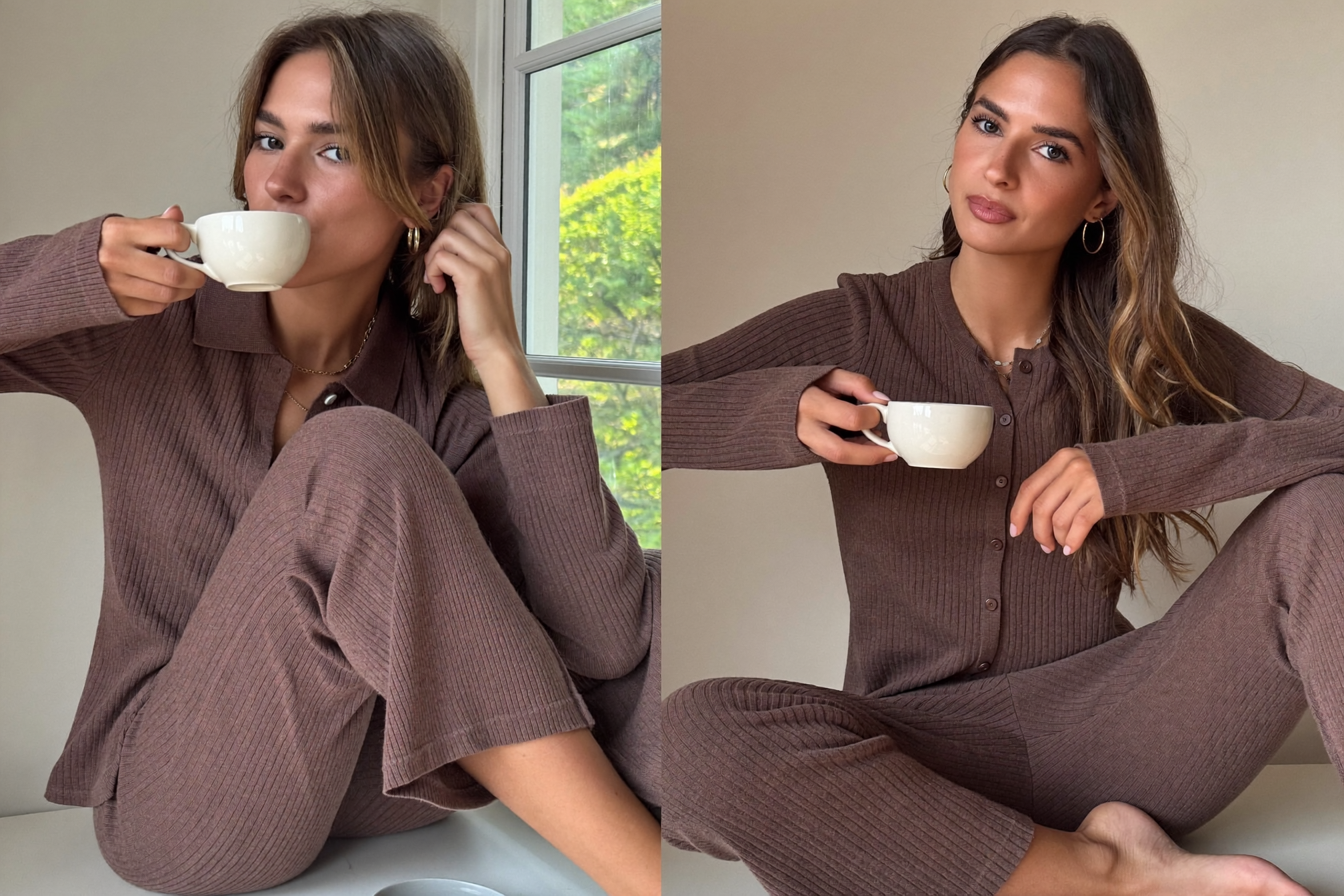 Femme en ensemble loungewear cacao prenant un thé près d'une fenêtre