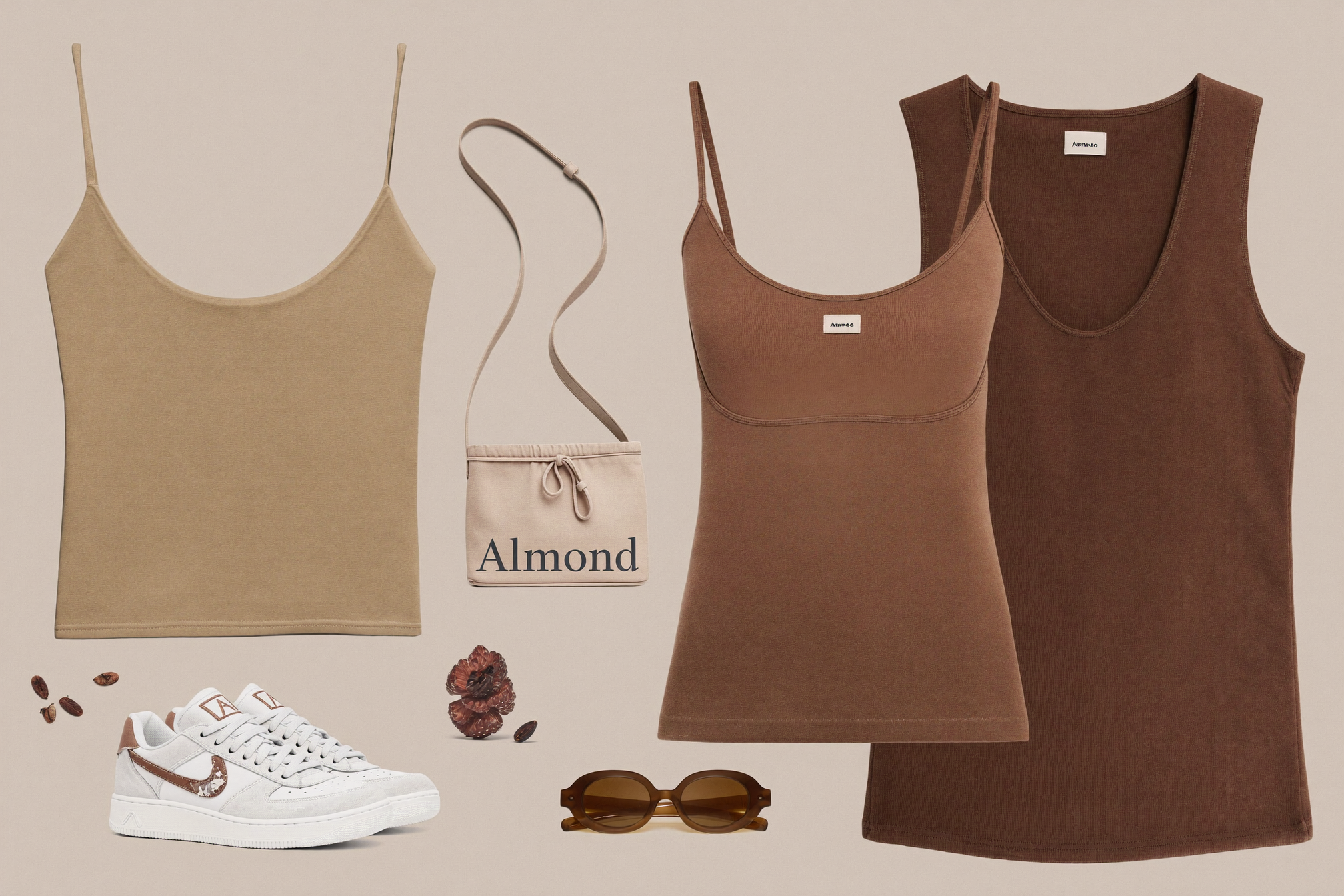 Trois essentiels loungewear Almond stylisés ensemble