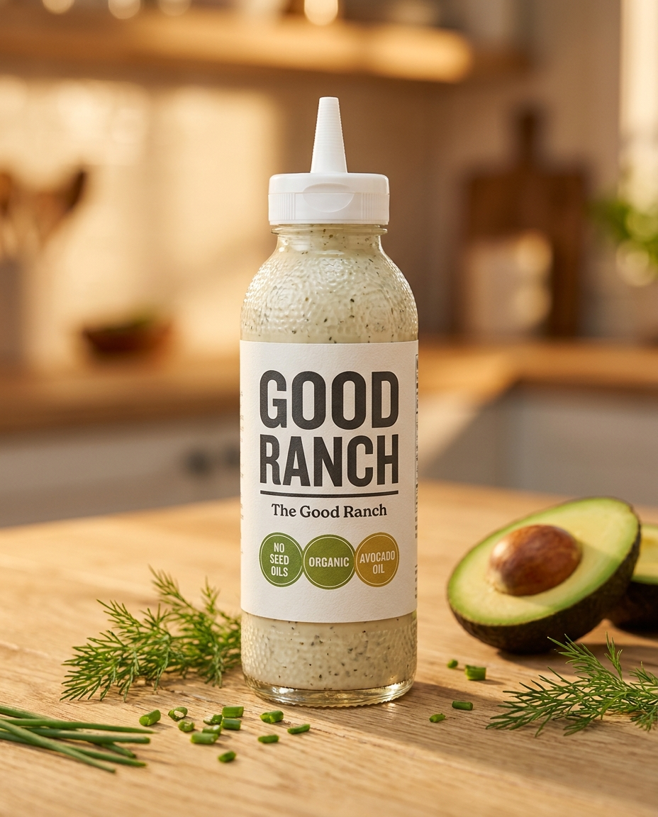 Good Ranch Original bottle on light oak with fresh herbs and avocado