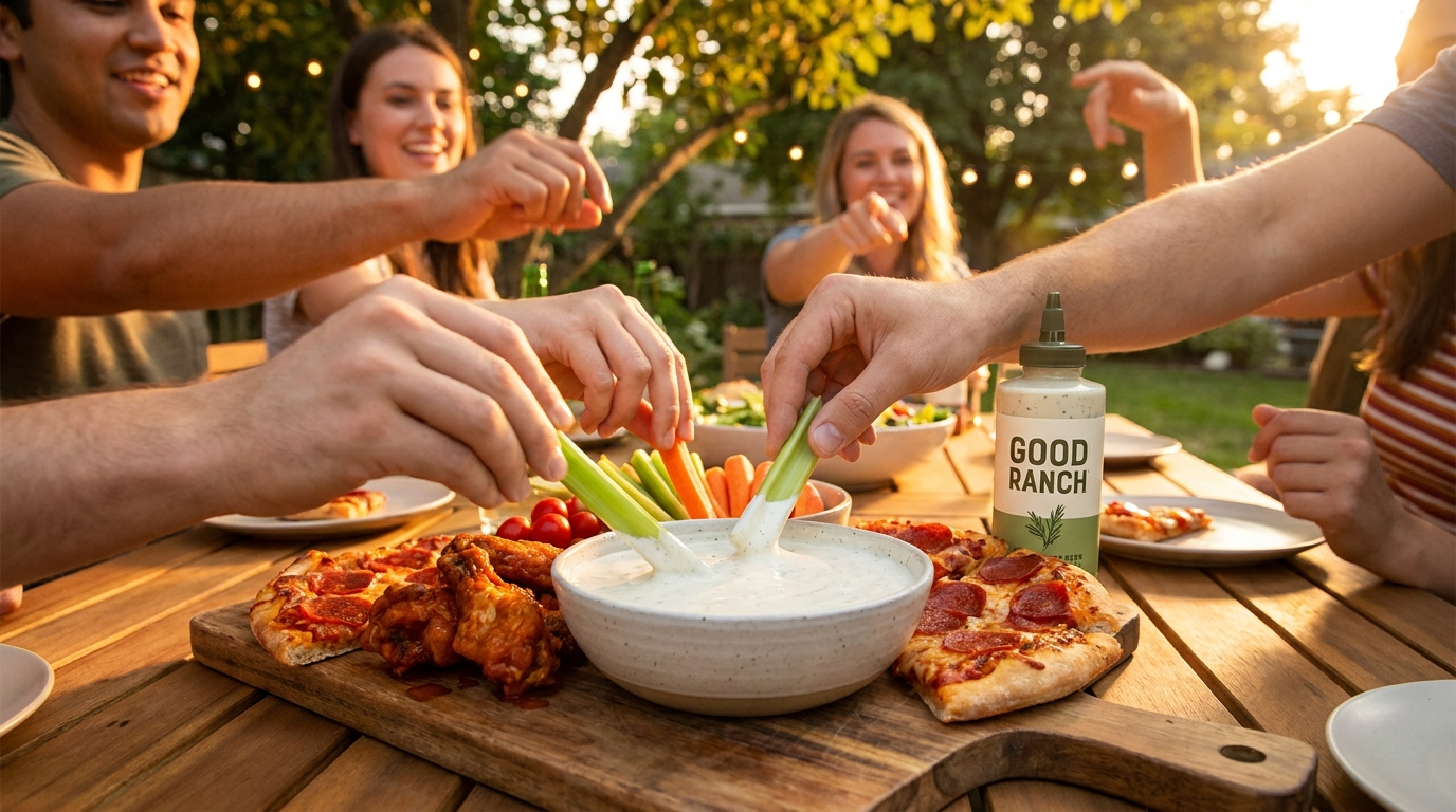 Friends dipping wings and vegetables into ranch at a golden-hour table, Good Ranch bottle in frame