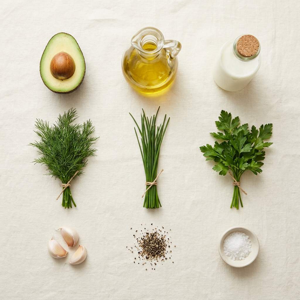 Flat-lay of Good Ranch ingredients: avocado, avocado oil, buttermilk, fresh herbs, garlic, salt and pepper on cream linen