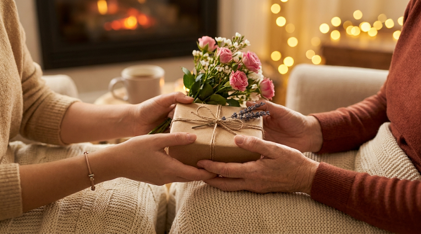 Tochter überreicht Mama ein Geschenk zum Muttertag