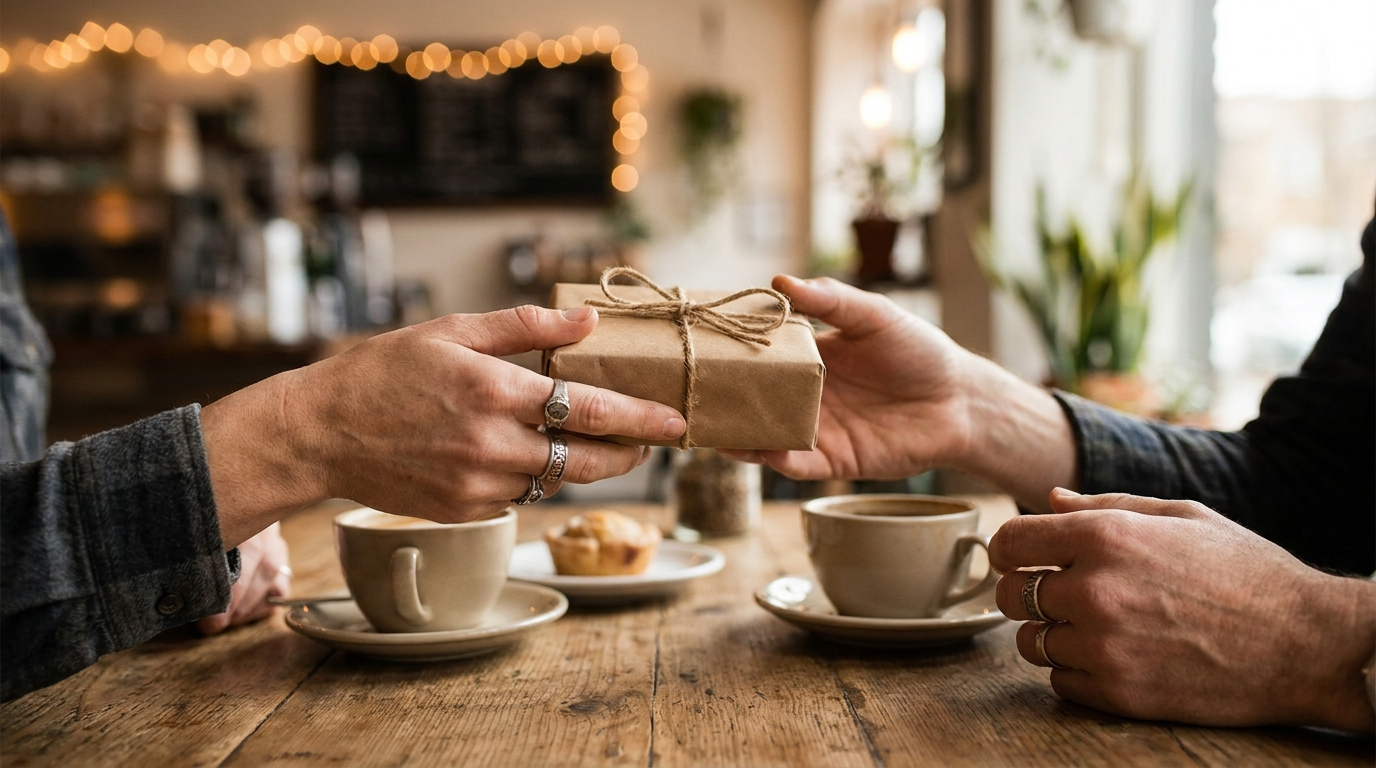 Freundinnen überreichen sich ein Geschenk