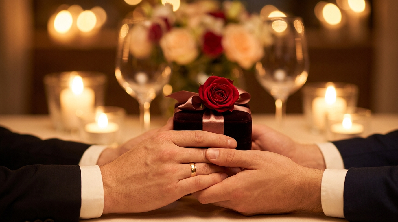 Paar mit Geschenkbox und Rose bei einem romantischen Dinner