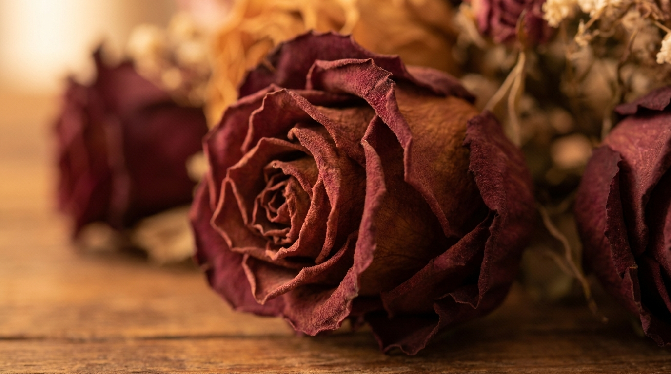 Samtige Blütenblätter einer konservierten Rose in Nahaufnahme