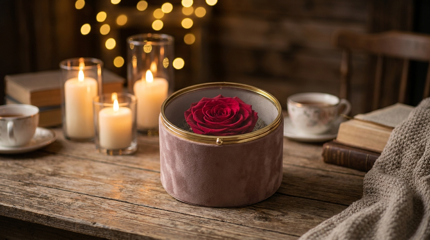 Ewige Rose in edler Geschenkbox bei Kerzenlicht