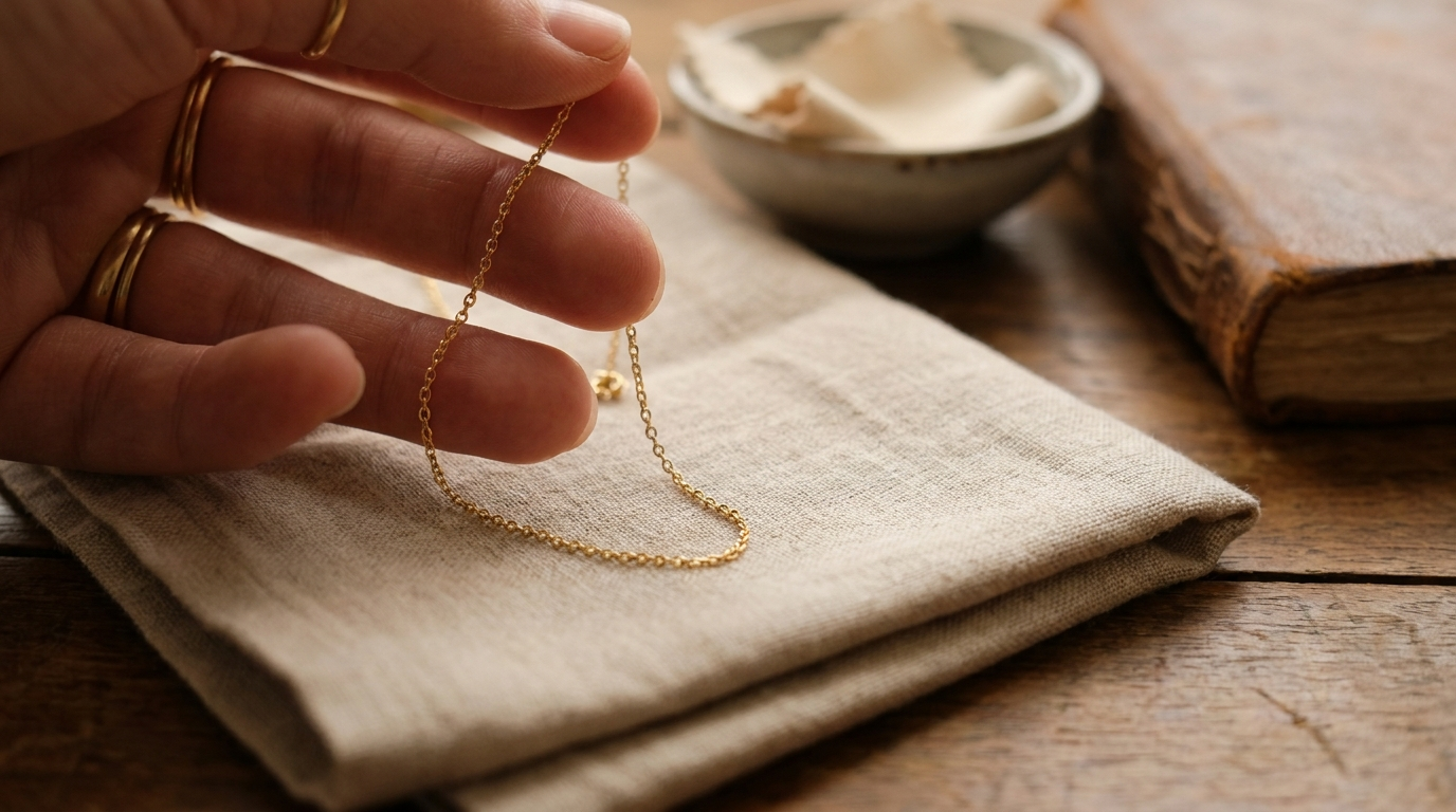 Hand hält eine zarte Goldkette über einem Pflegetuch
